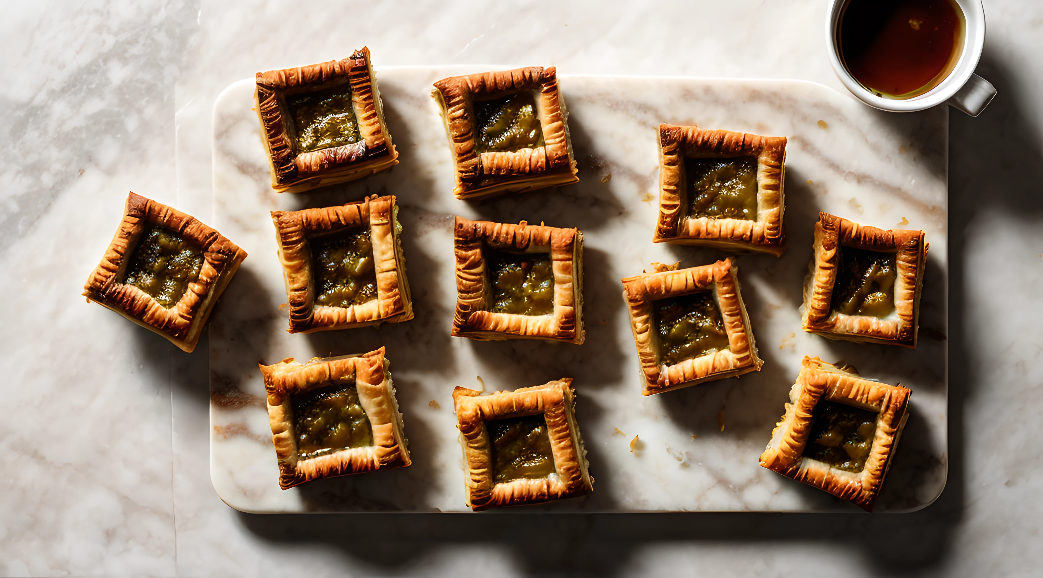 (pieces of baklava on top of a white marble table) (aerial view) realistic photo, ultra definition image, perfect realistic details, perfect lighting, hd 4k image