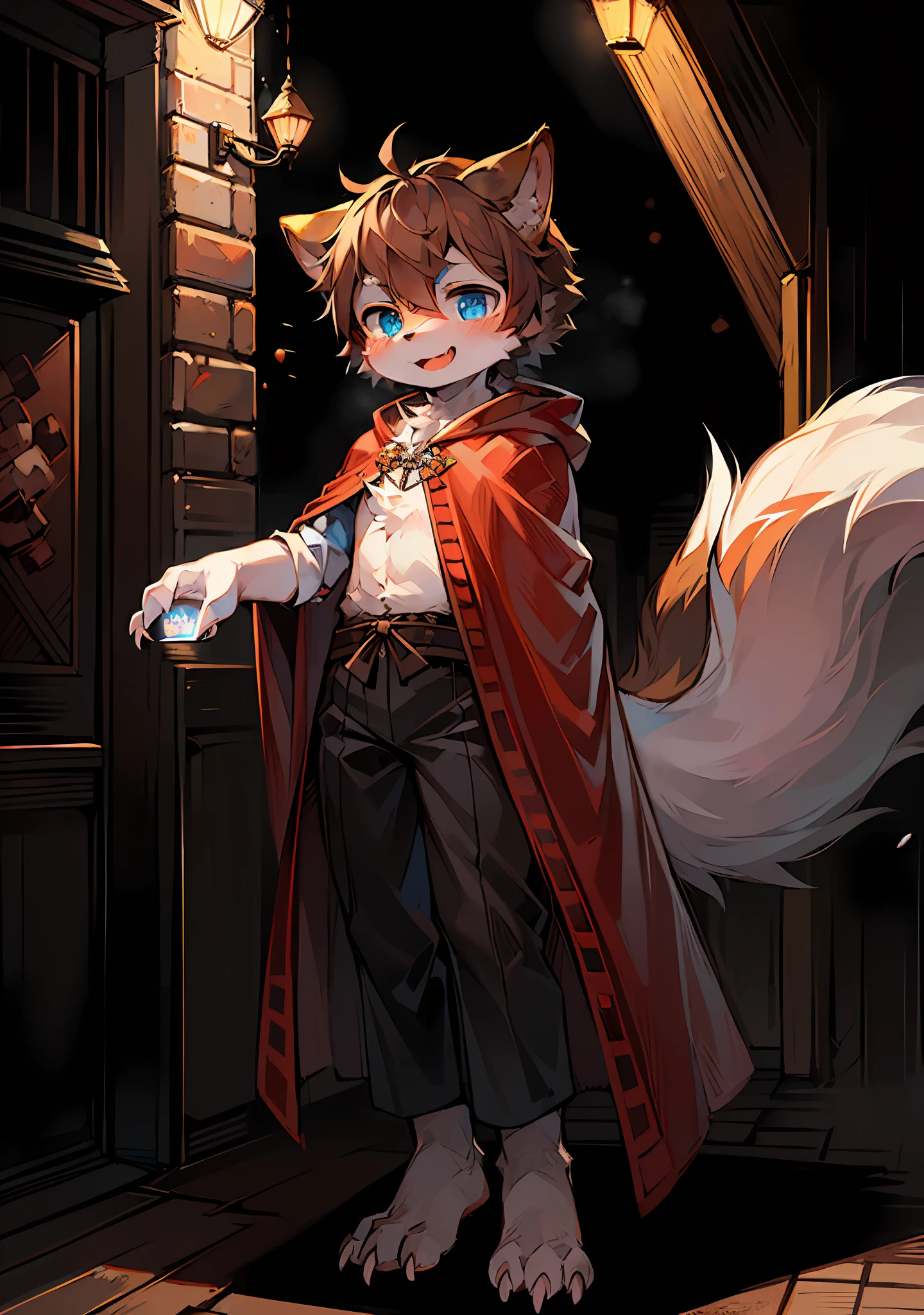 (Dark Environment: 0.8), Masterpiece, High Quality, Abstract Res, Digital Painting\(artwork\), by Dagasi, Yupa, Kiyosan, (Anthro, Fluffy Fur, Character Focus: 1.1), Anthro Male Cat, Short Hair, Portrait , bright eyes, panorama, character focus. (Detailed background: 0.7), Solo, Furry, Hairy Male, Super Cute Face, Extended Claws, Meat Mat, Male Focus, Anthr, (Full Body Fur, Fluffy Tail, White Fur, Blue Eyes, Brown Hair: 1.2), (Canine, Upright, Cheerful, Lively, Magician, Cloak: 1.2), (Exterior, Daytime: 1.4)