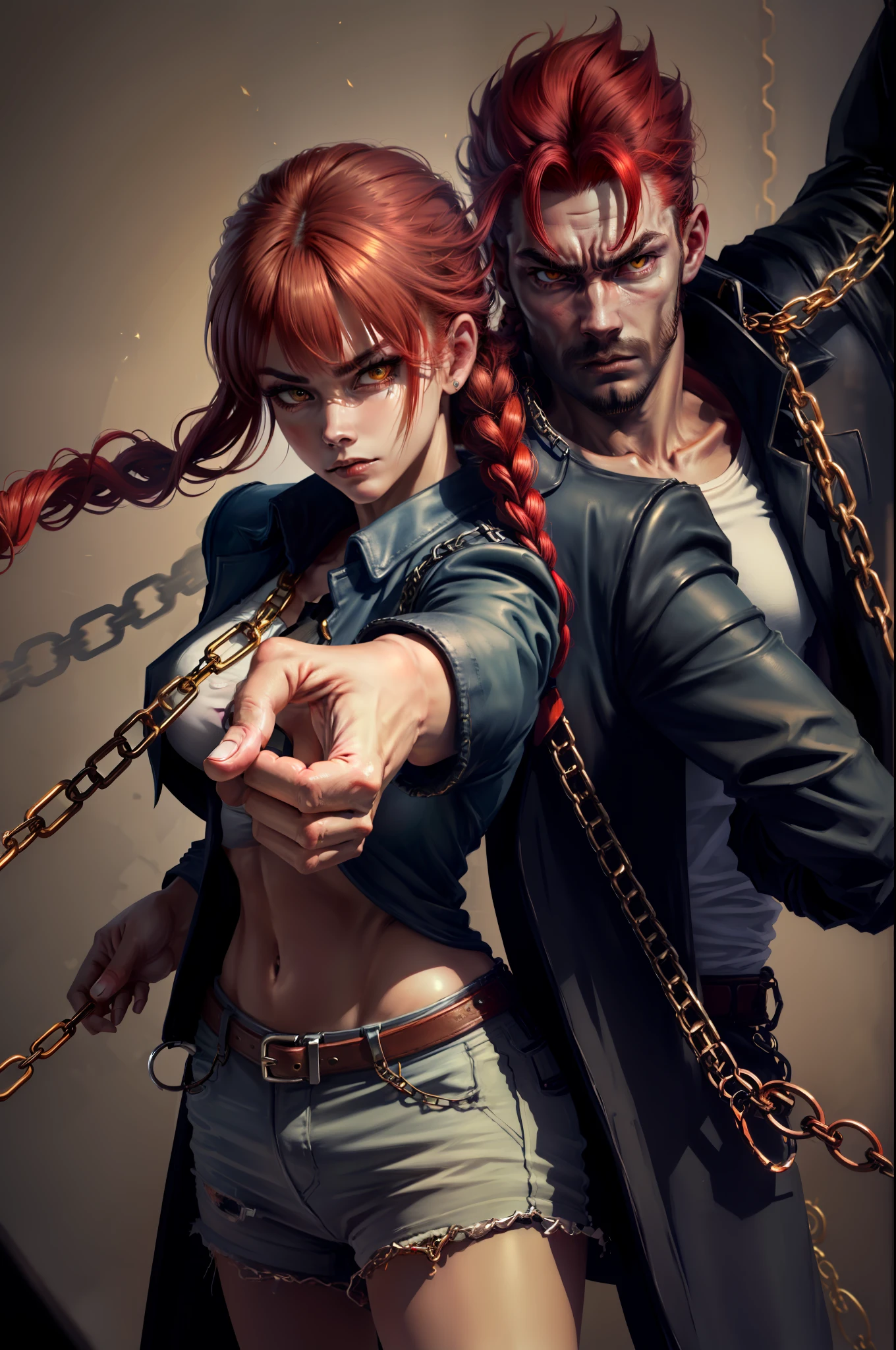 Makima, best quality, ultra detailed, 1girl, solo, standing, red hair, long braided hair, golden eyes, bangs, medium breasts, white shirt, tie, stand behind, look, serious face, (bad: 1.2), pointing at the viewer, (interview: 1.3), (dark background, chains: 1.3),