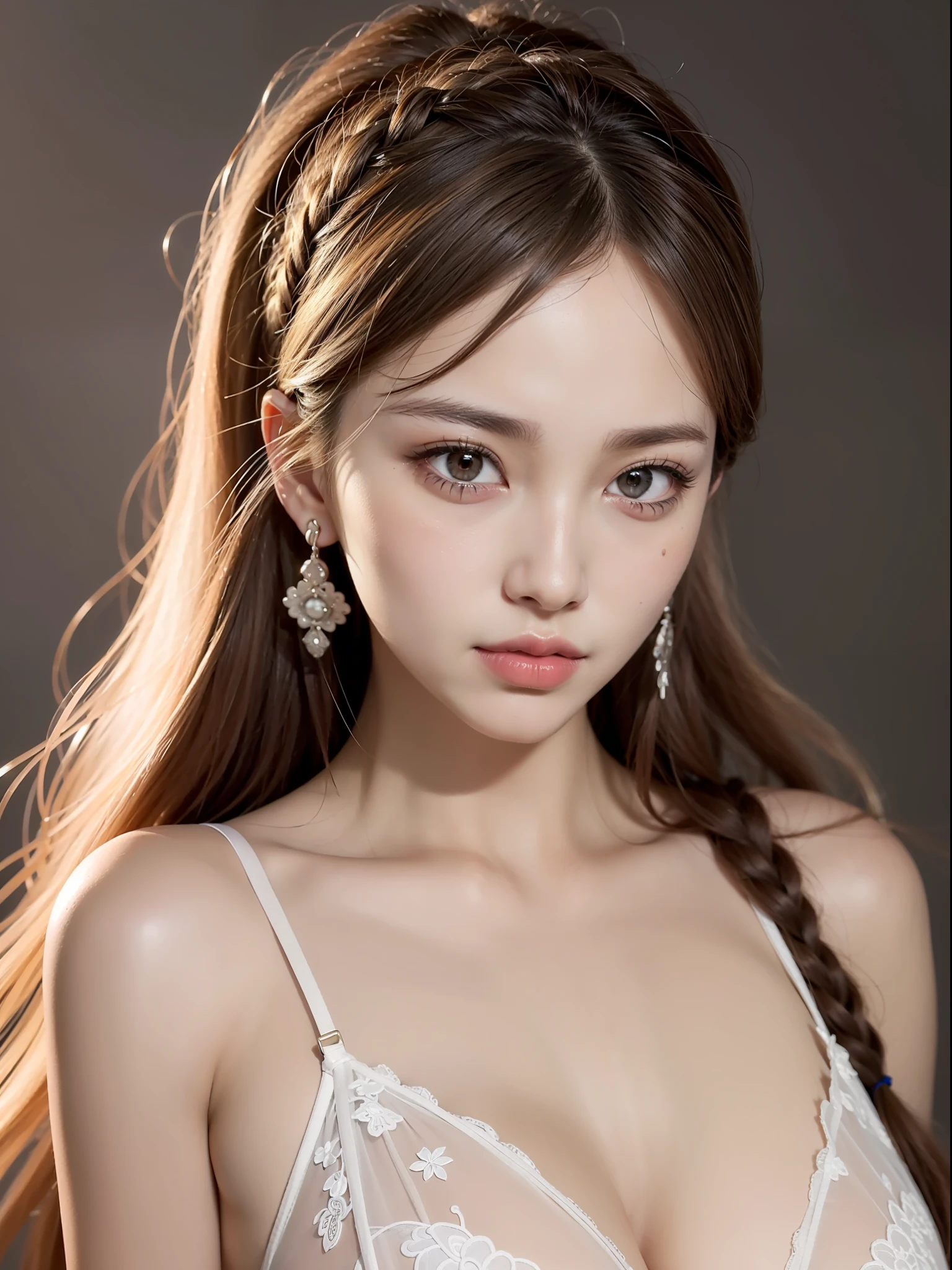 Canon 5DMk2 135mm, (highest quality) (masterpiece)), intricate details, sharp focus, professional, photorealistic, ultra-realistic, photorealism, silhouette lights, fine indications, top quality, CG Unity wallpapers highly detailed 8k, perfect artwork, full body, shiny hair, shiny eyes, glowing skin, 3 perfect realistic female figures, narrow waist, looking at the camera, lace, seductive posture, supergirl, sexy pose, very delicate and beautiful girl, highest quality, beautiful details, beautiful detailed eyes, soft lighting on the face, movie lighting, transparency, white ancient Chinese folk costume, see-through material, buttocks exposed, realistic expression of face, (complex details, makeup, ( Beautiful delicate face details, beautiful detailed delicate eyes, perfectly proportioned face, highly detailed skin, detailed skin, best proportions four fingers and thumb, arms under the chest, big big breasts, smooth abdomen, thin and thin, fashion, solo, (thin makeup), highlighted face, detailed face, white skin, brown hair, ponytail, braided hair, big eyes, earrings, slim body, transparent background, professional lighting, one girl, coiled hair, big, 27 years old,