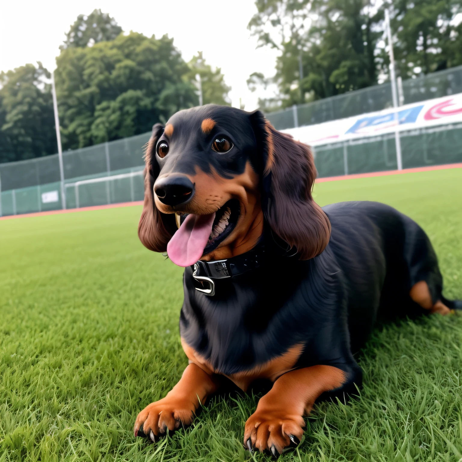 Long fur dachshund, (((Masterpiece, 8K, highest precision,))) Black tan, black: 1.5 and brown: 0.3, (((Long fur, long wavy fur)) long fluffy hair, (Short legs,))) mouth open, tongue out, heavy breathing, laughing face, on the grass of the sports park, strong sunlight, sun,