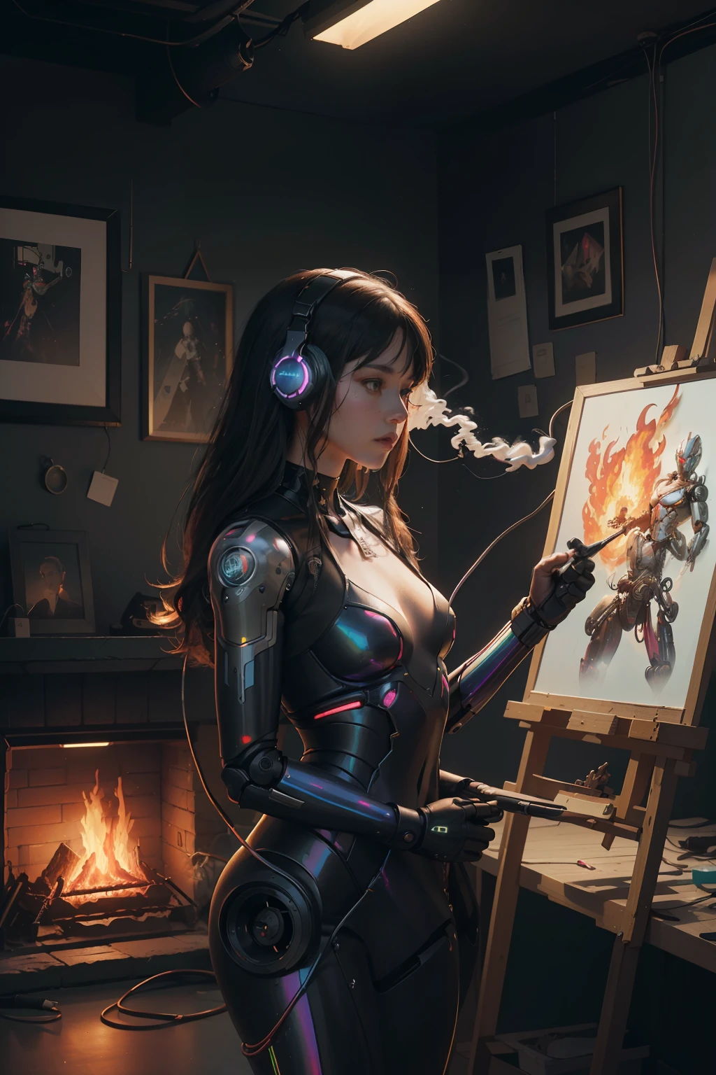 (Masterpiece, Best Quality, High Resolution, Absurd, Detailed: 1.2), Humanoid, Robot, Wearing Headphones, Looking Away, (Cyberpunk, Art Canvas, Brush, Easel, Rainbow Colors, Holographic: 1.6), Male, (Cable, Wire, Flame, Fire, Smoke, Overheating, Explosion, Indoor, Room, Simple Background)