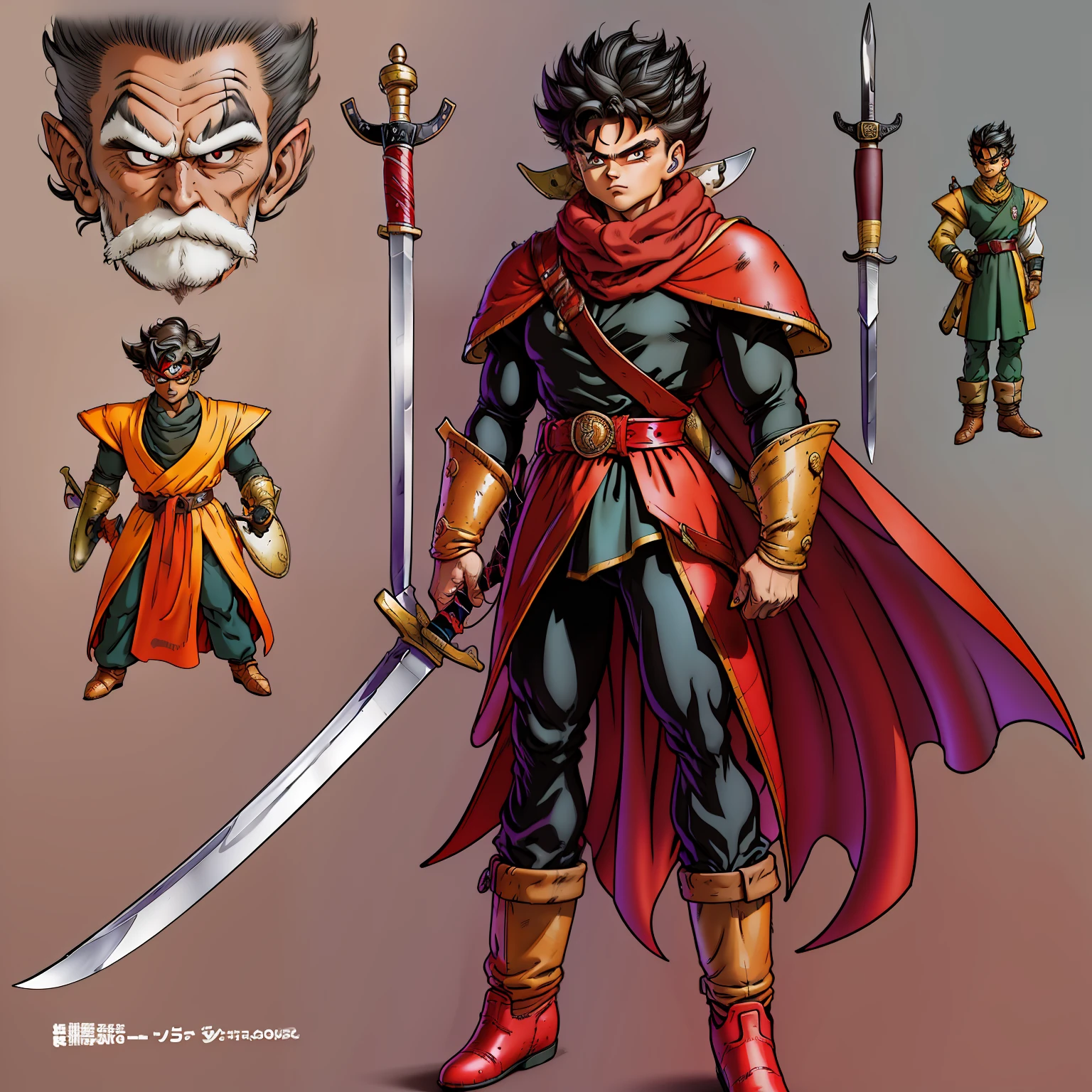  boy,marom skin tone,black pointed black hair,black complicit manga brusa with red details,red belt,black pants,red boots,red medieval rpg style sword,ah sword has an eye with red pupil,full body character,T pose,reference sheet