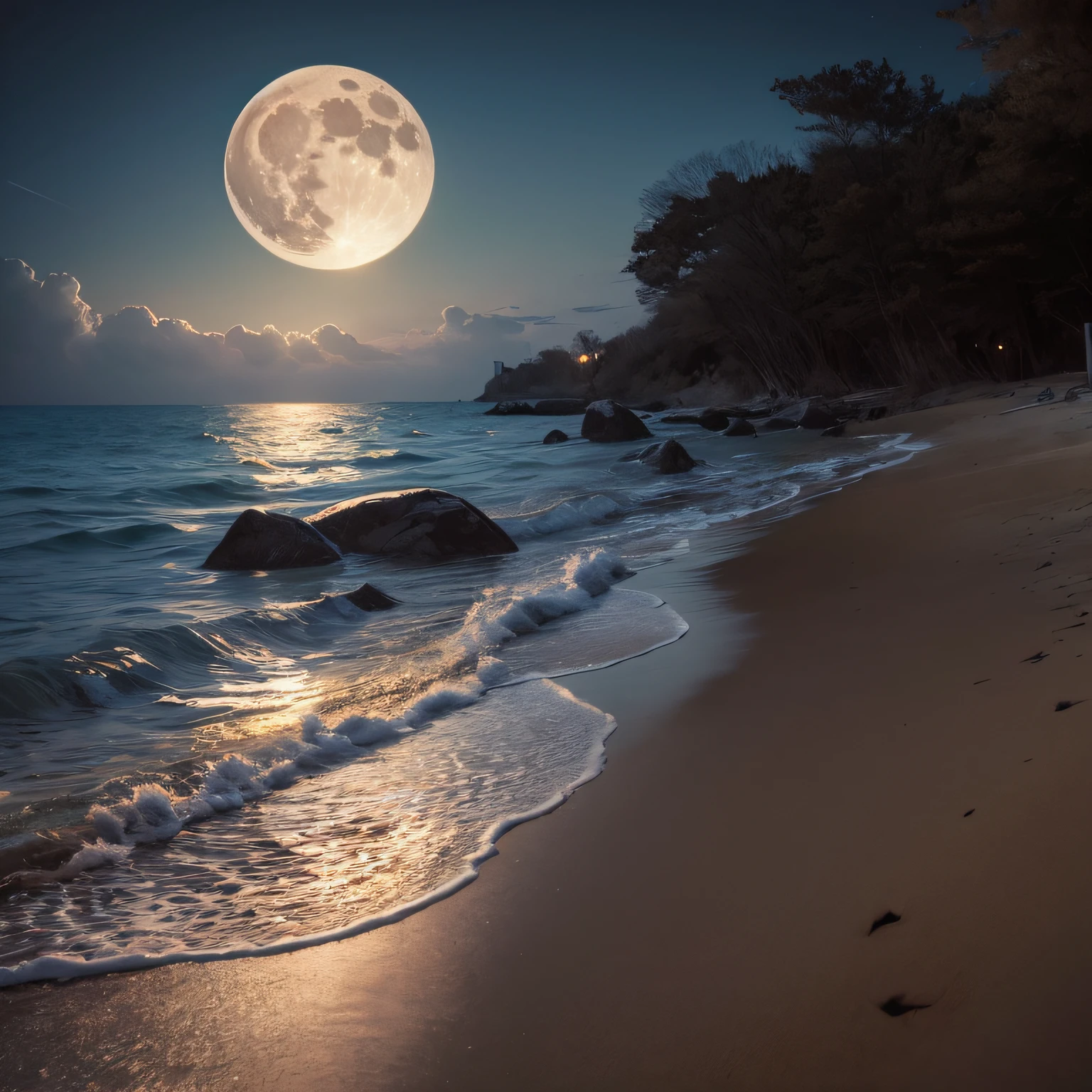 Nice virgin beach at night with a big full moon that is reflected in the very rough water. Digital painting, artstation, concept art, soft focus, sharp, illustration.