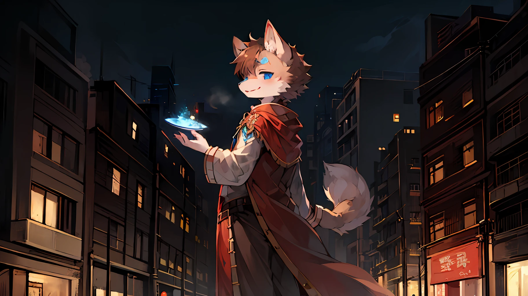 (Dark Environment: 0.8), Masterpiece, High Quality, Abstract Res, Digital Painting\(artwork\), by Dagasi, Yupa, Kiyosan, (Anthro, Fluffy Fur, Character Focus: 1.1), Anthro Male Cat, Short Hair, Portrait,bright eyes, panorama, character focus. (Background: 0.7), Solo, Furry, Furry Male, Back, Male Focus, Anthr, (Full Body Fur, Fluffy Tail, White Fur, Blue Eyes, Brown Hair: 1.1), (Canine, Upright, Cheerful, Magician, Cloak: 1.2), (Exterior, Daytime, Building: 1.5)