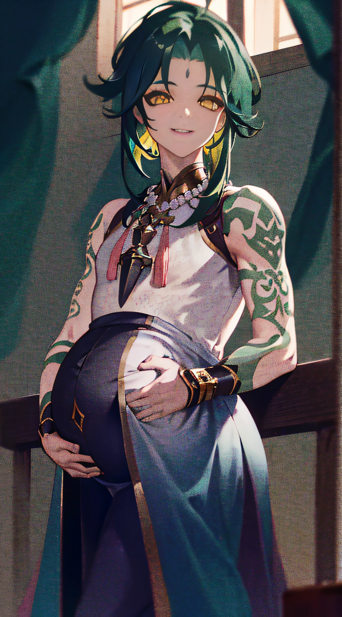 1 boy, dark green hair, best quality, masterpiece, extreme, yellow eyes, male focus, beautiful eyes, happy laugh, pregnant belly button, pregnancy, natural skin texture, 4k texture, HDR, intricate, very detailed, sharp focus, cinematic look, super detailed