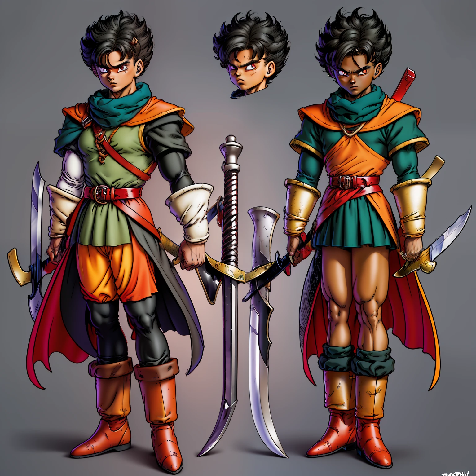 16 year old boy,marom skin tone,black pointed black hair,black complicit manga brusa with red details,red belt,black pants,red boots,red medieval rpg style sword,ah sword has an eye with red pupil,full body character,T pose,reference sheet
