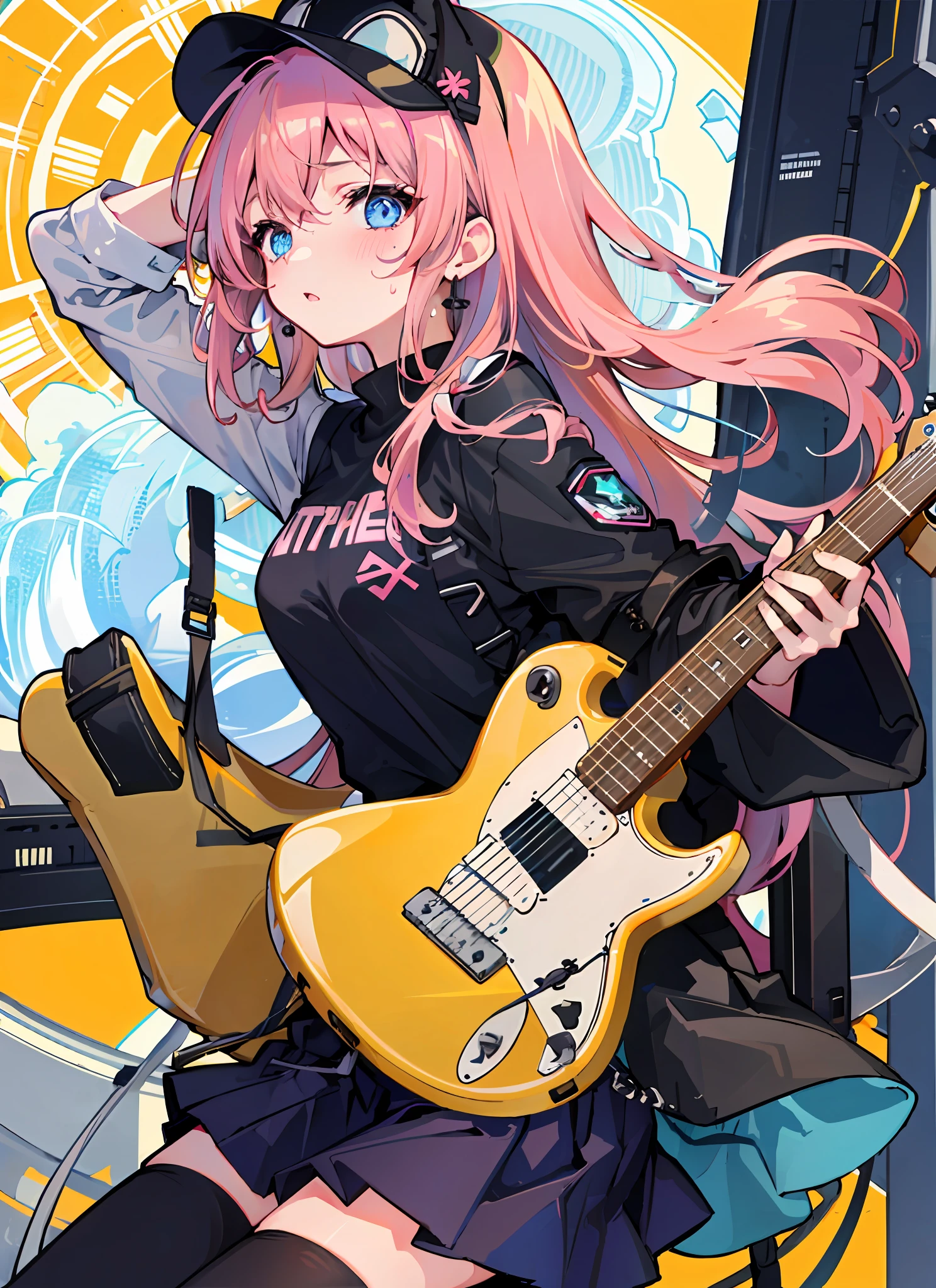 instrument, sweat, 1girl, guitar, holding_instrument, shirt, solo, long_hair, blue_eyes, black_shirt, skirt, electric_guitar, pink_hair, blush,