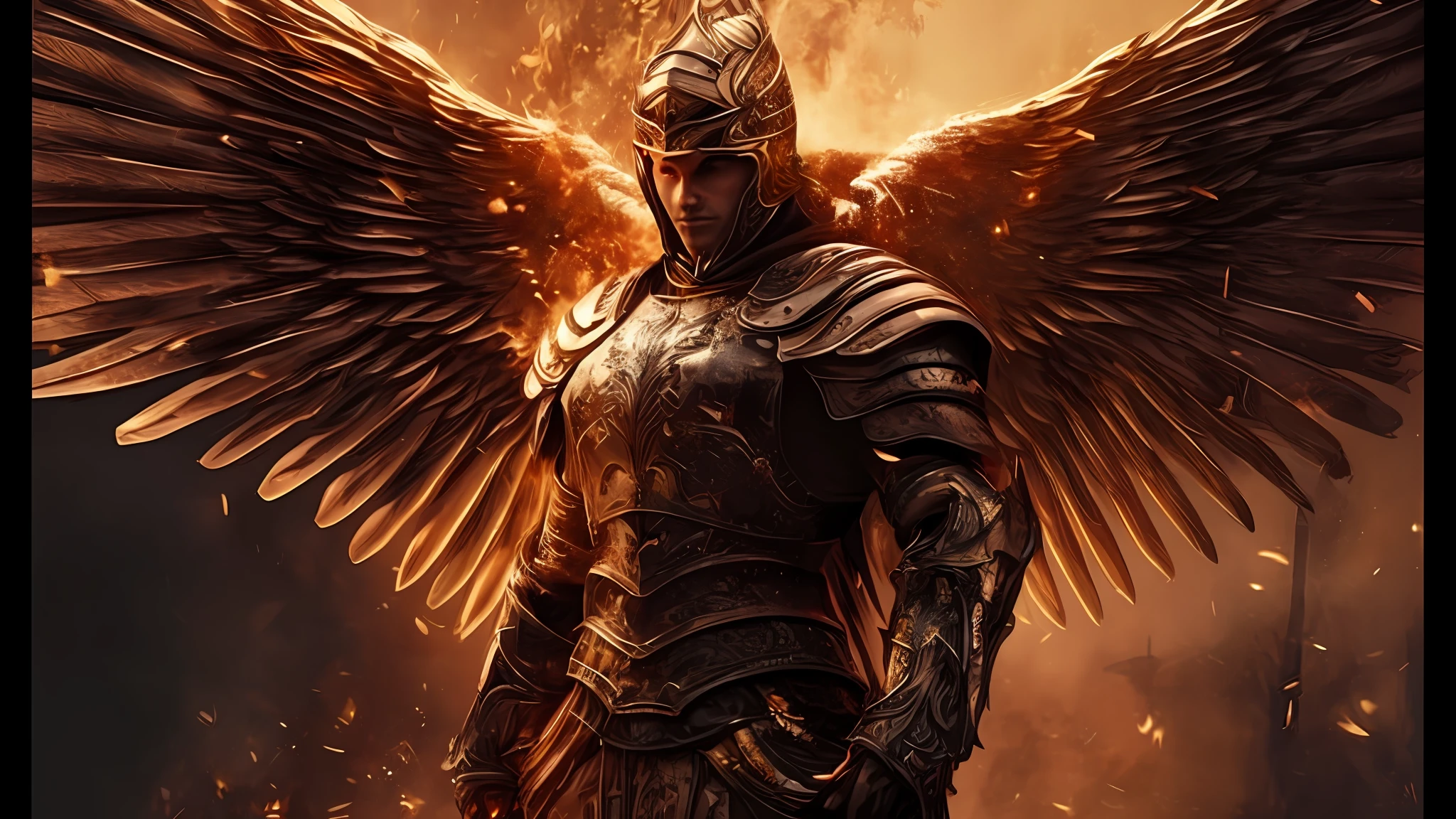 Best quality masterpiece A man in armor with wings standing in front of a fire, Archangel, wearing winged helmet, Angel of Verdun, Holy Armor, Angelic Golden Armor, Armor Angle with Wing, Archangel Michael, Knight of Black Souls, In the Style of Black Souls 3, Epic Angel Wings, Valkyrie, Angel in Plastic Armor, The Knight of Black Souls, Undead Winged Hussar