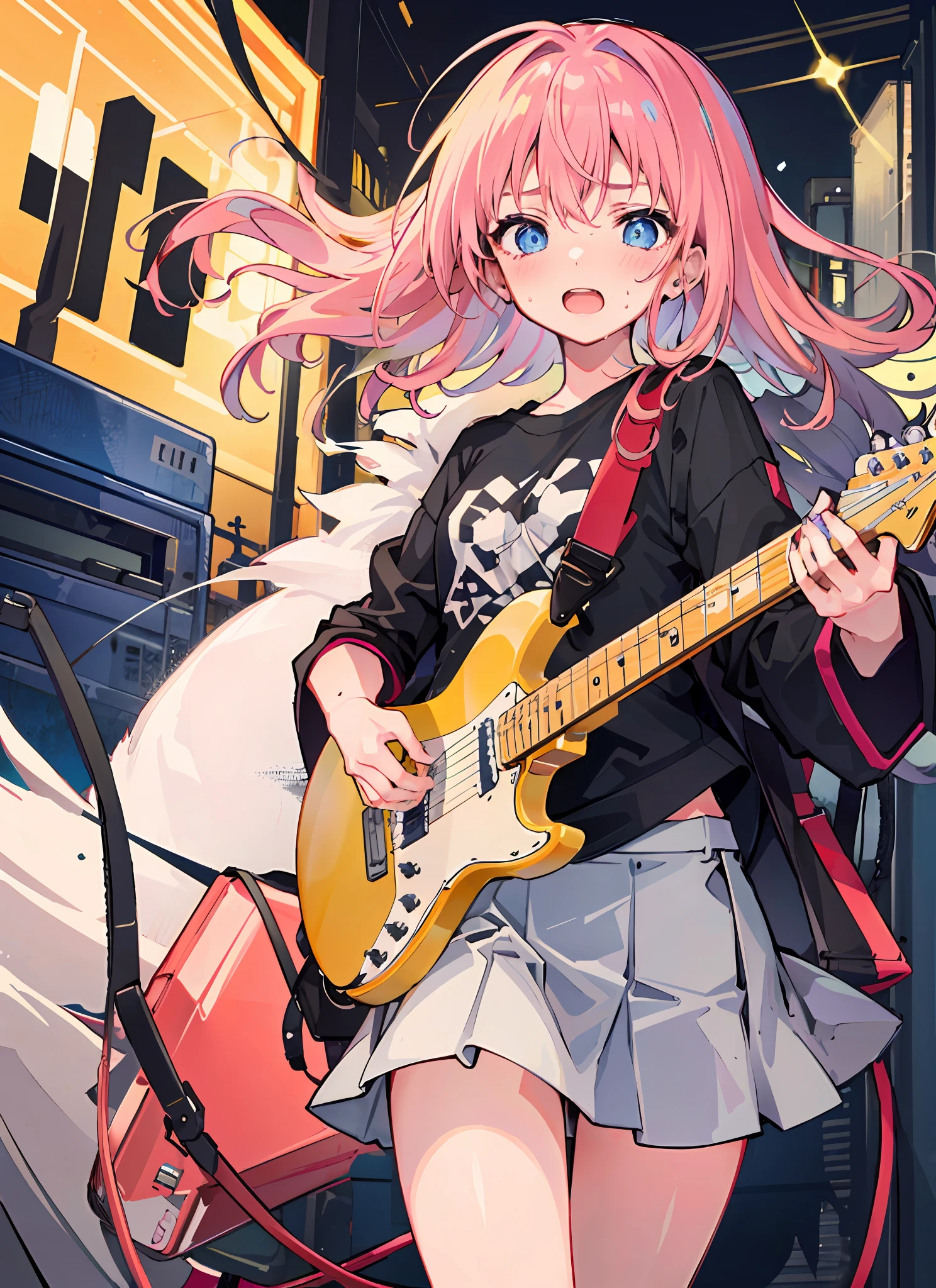 instrument, sweat, 1girl, guitar, holding_instrument, shirt, solo, long_hair, blue_eyes, black_shirt, skirt, electric_guitar, pink_hair, blush,