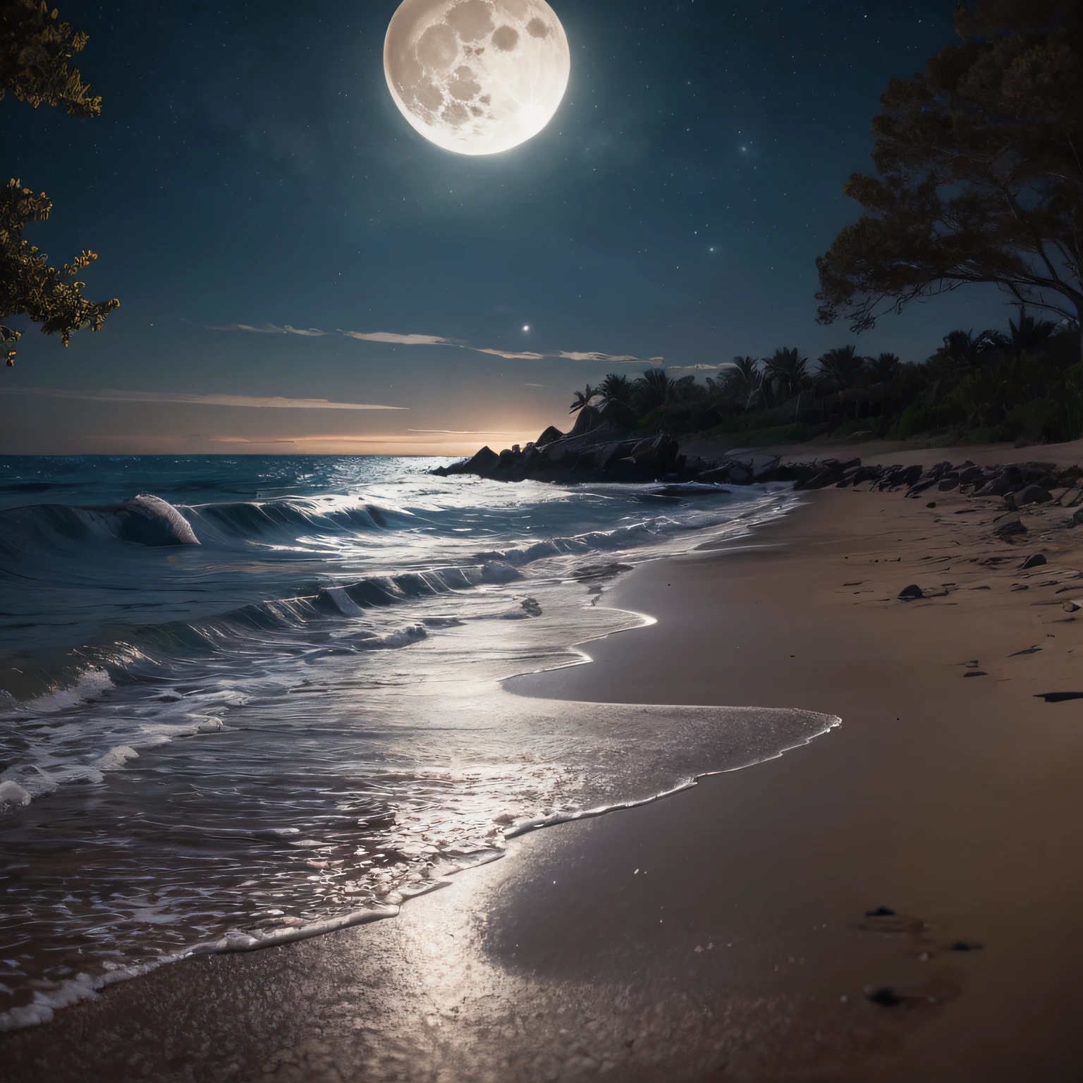 Nice virgin beach at night with a big full moon that is reflected in the very rough water. Digital painting, artstation, concept art, soft focus, sharp, illustration.