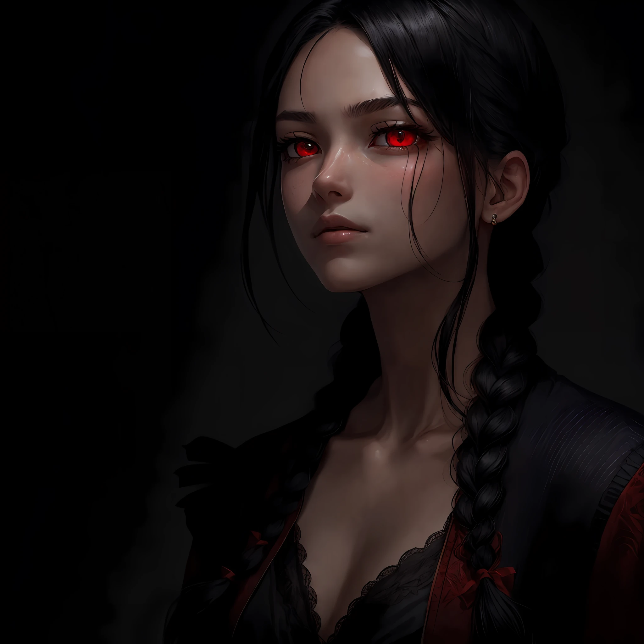 "Best quality and masterpiece portrait of a character with black hair, red eyes, and black clothes. The character is looking up with an upper body focus, highlighting the beautiful hair strands. The character has fair skin and side braids." --auto