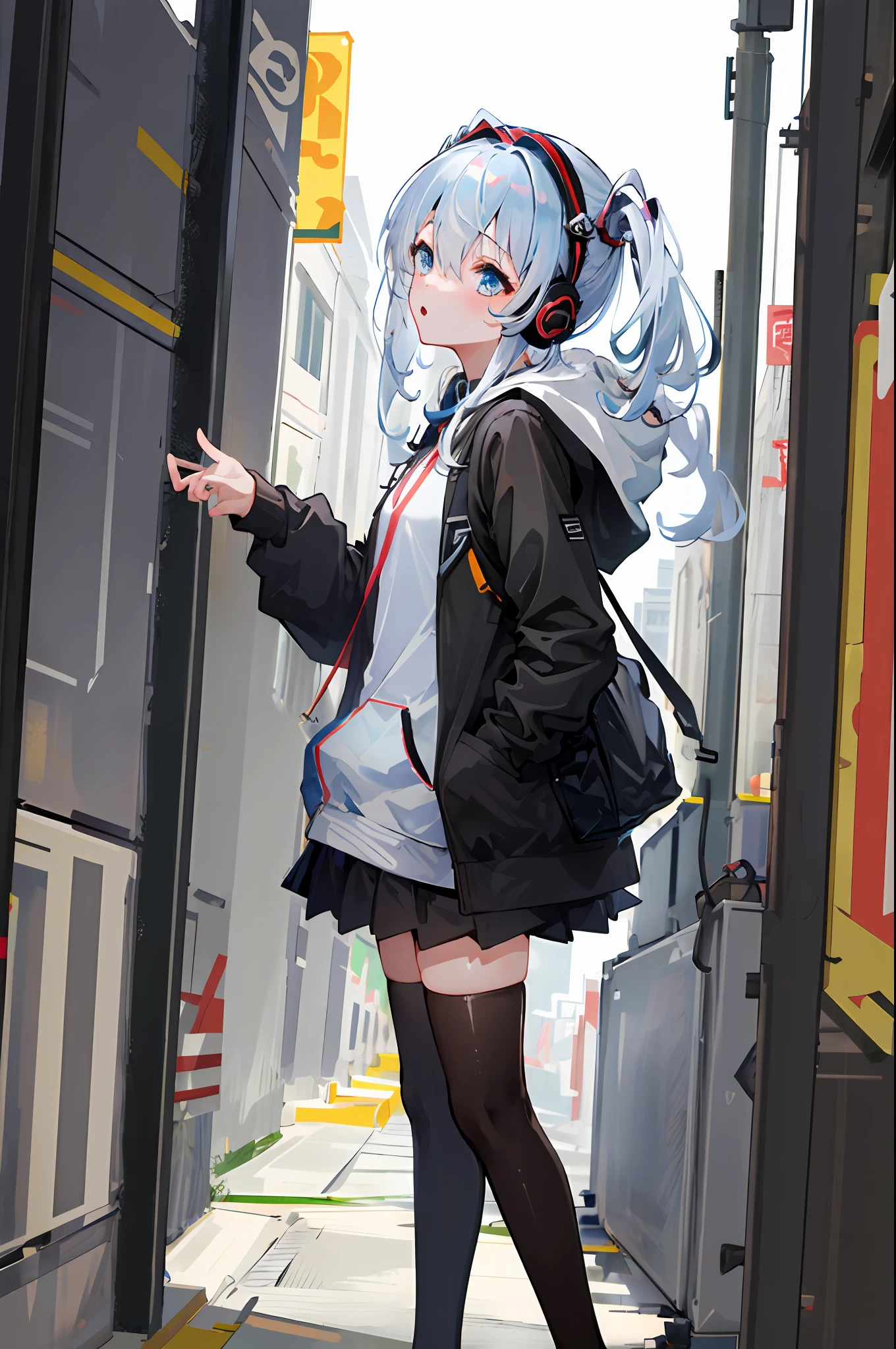 杰作,1girl,solo,黑色长筒袜,异色症,standing,hoodie:1.4,outdoors,headphones:1.3,