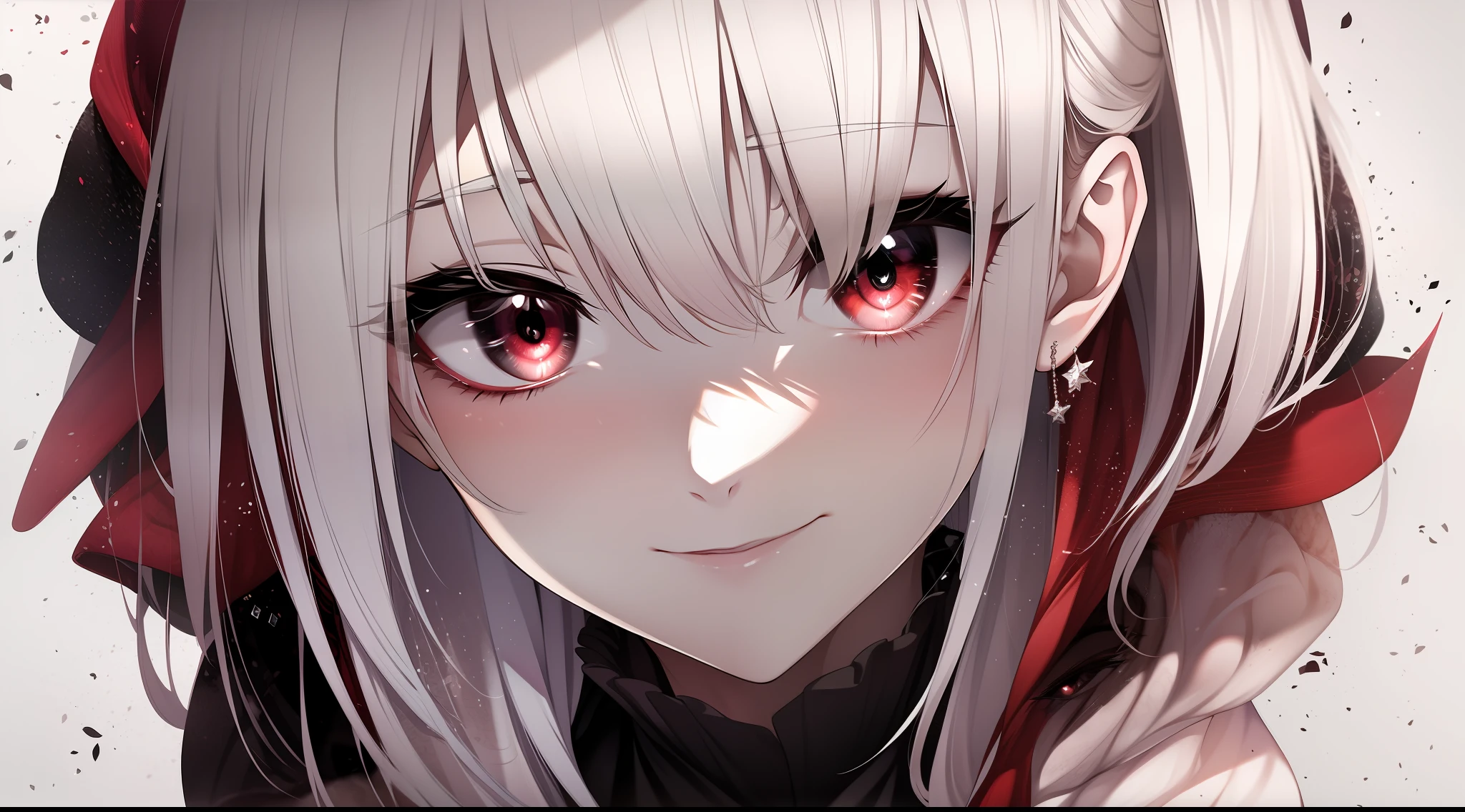 white hair, red eyes,1girl, pale skin, white hair, red eyes, two tone hair, eyelashes, bracelet, jewelry, smile, gleaming skin, shiny hair, Fantasy, short Hair, 1 girl, two-tone hair, , looking at you, anime, beautiful anime eyes, beautiful detailed eyes, eyes, glittering eyes, red eyes , face zoom