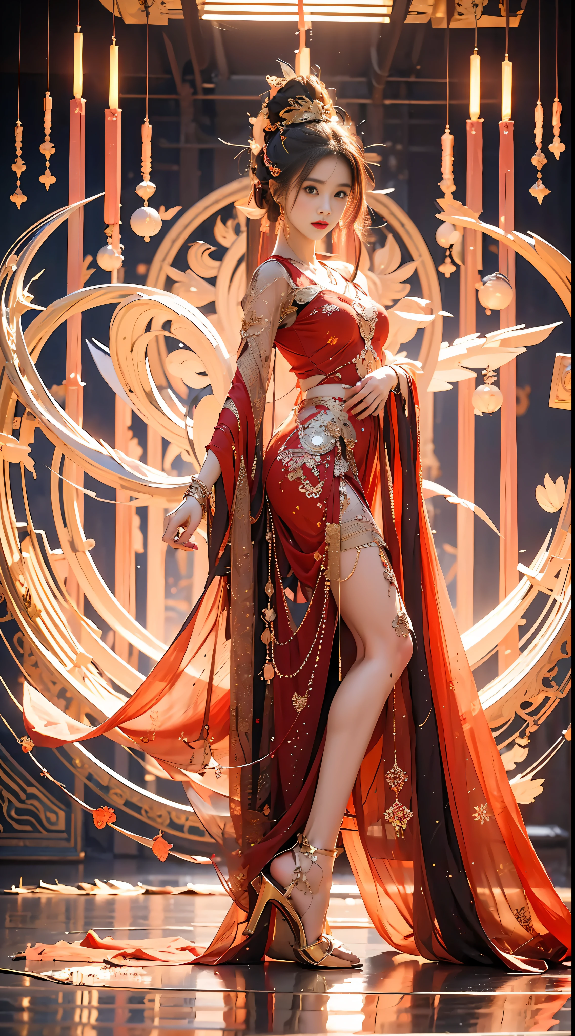 (abstract art:1.4), masterpiece, best quality, ultra high res, beautiful, visually stunning, (1girl:1.2), deep red theme, dark crimson, bleeding red, halo, looking at viewer
,full body,high heels,girl,nvshen,dunhuang,red and gold dress