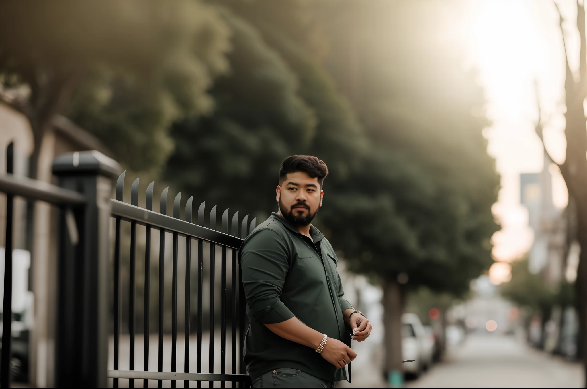 there is a man standing next to a fence with a cell phone, Realistic Face, bulr greenery and sun light on the background, shot on canon eos r5, shot on canon eos r 5, shot on sony a 7 iii, shot on sony a 7, shot on nikon z9, shot with sigma f/ 4.2, shot with sigma f / 4. 2, shot with sony alpha, portrait shot 8 k