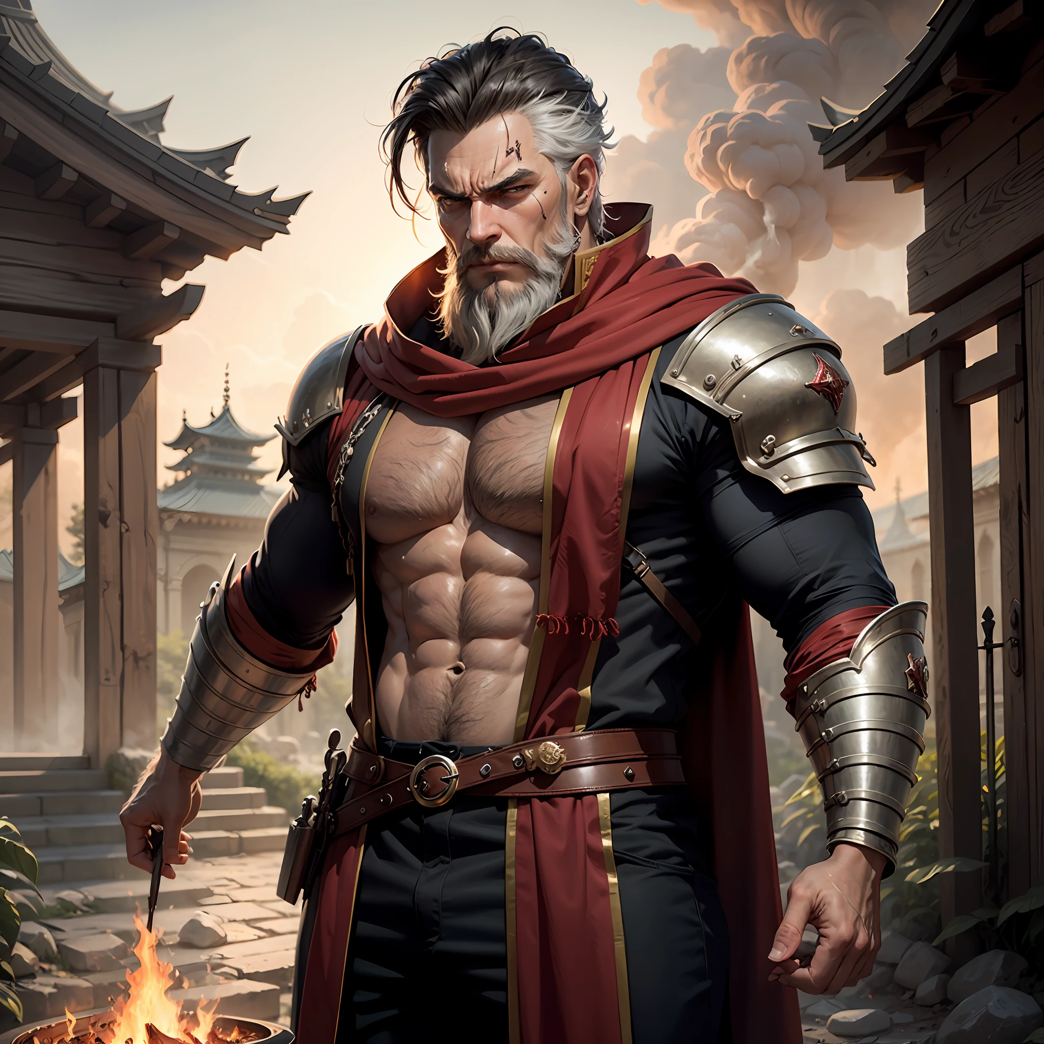 High quality realistic Anime style, high definition high quality realistic, shaded, photorealism, Ray tracing, 8k, uhd, masterpiece, male mid age man, around 40yo, black hair and short beard, not too strong, white streaks in hair and beard, medieval general clothing with metal chest plate and shoulder pads, covered by a red robe, scar on the face, strict and angry face, fire in his hands, on a temple landscape