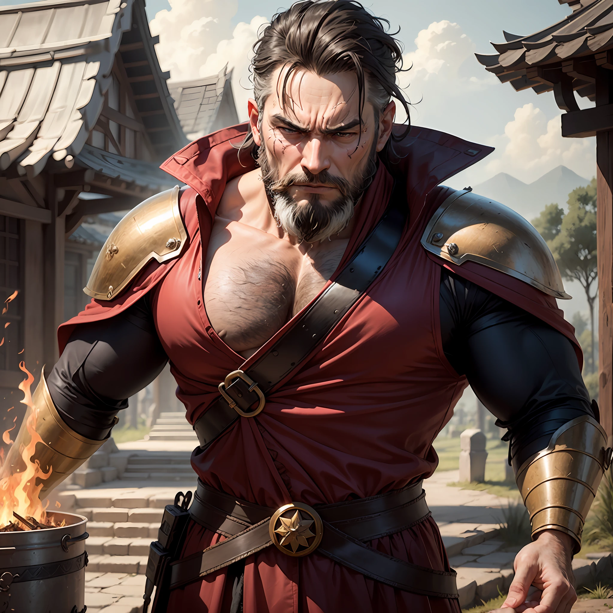 High quality realistic Anime style, high definition high quality realistic, shaded, photorealism, Ray tracing, 8k, uhd, masterpiece, male mid age man, around 40yo, black hair and short beard, not too strong, white streaks in hair and beard, medieval general clothing with metal chest plate and shoulder pads, covered by a red robe, scar on the face, strict and angry face, fire in his hands, on a temple landscape