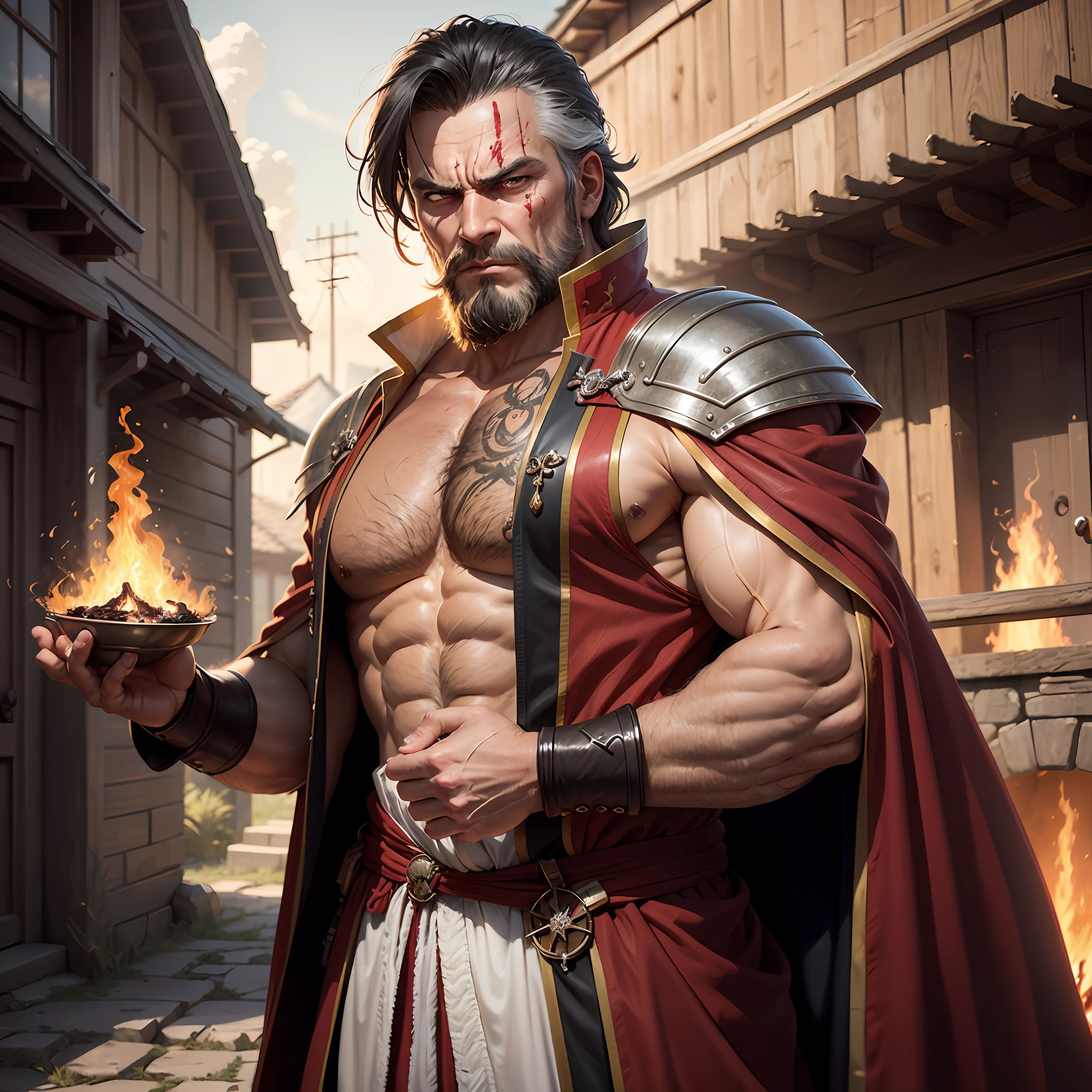 High quality realistic Anime style, high definition high quality realistic, shaded, photorealism, Ray tracing, 8k, uhd, masterpiece, male mid age man, around 40yo, black hair and short beard, white streaks in hair and beard, medieval general clothing with a red robe, scar on the face, strict and angry face, fire in his hands, on a temple landscape