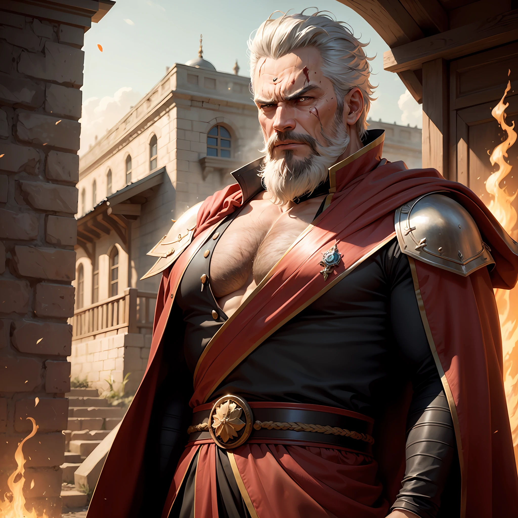 High quality realistic Anime style, high definition high quality realistic, shaded, photorealism, Ray tracing, 8k, uhd, masterpiece, male mid age man, around 40yo, black hair and short beard, white streaks in hair and beard, medieval general clothing with a red robe, scar on the face, strict and angry face, fire in his hands, on a temple landscape