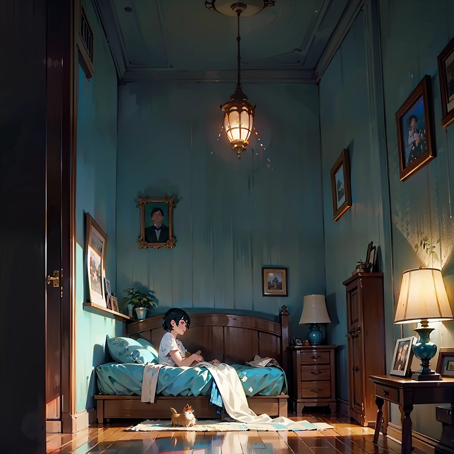 there is a woman sitting on a bed in a room, atey ghailan 8 k, inspired by Atey Ghailan, in style of atey ghailan, atey ghailan and steve mccurry, by Atey Ghailan, beautiful and cinematic lighting, relaxing concept art, realistic afternoon lighting, magical realism style, octane render. by makoto shinkai