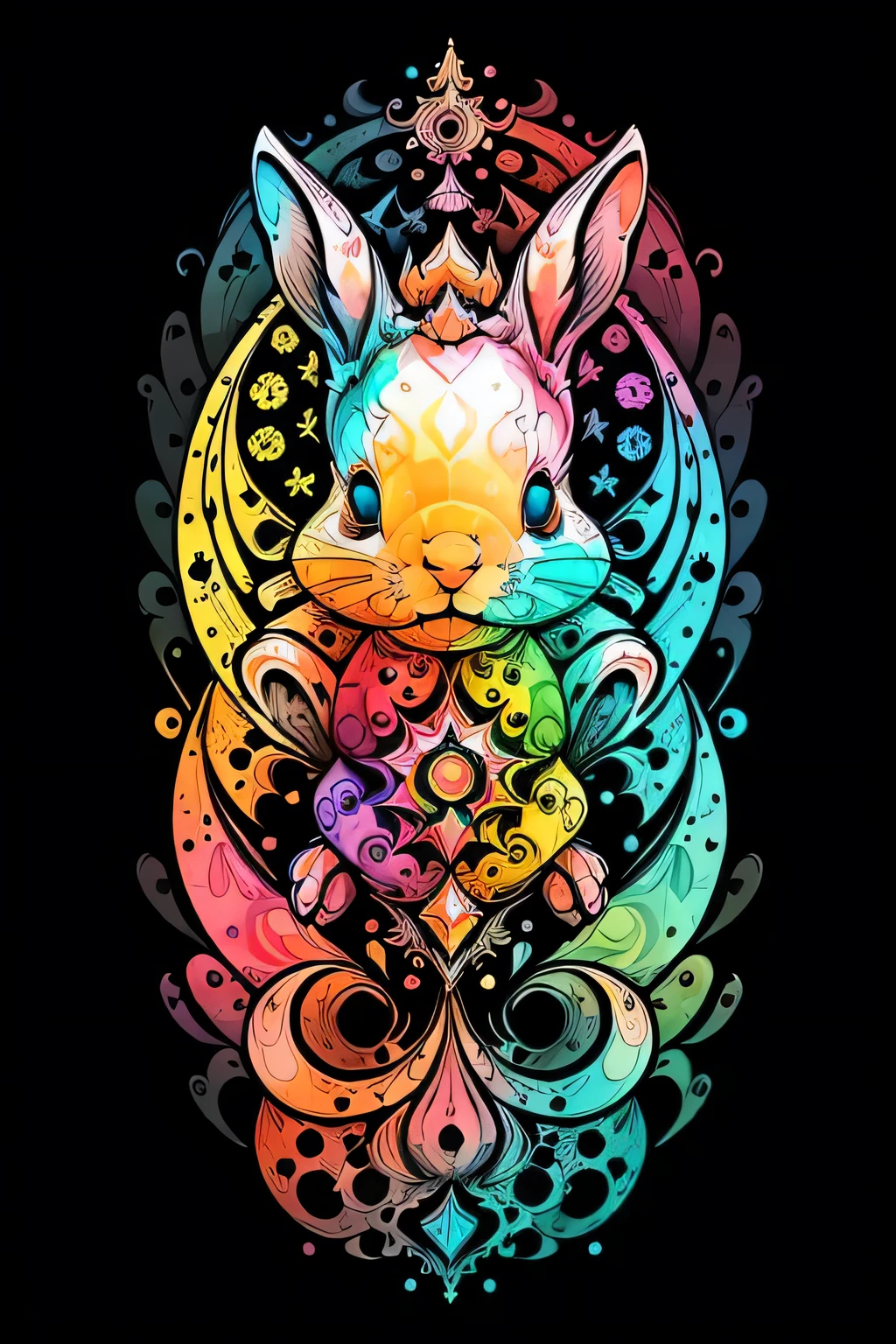 in the style of 0mib, adorable rabbit, prismatic shards, reflecting fractal circles, ink spatter, melting brush strokes, particles vortex, dramatic lighting, high quality, beautiful, masterpiece