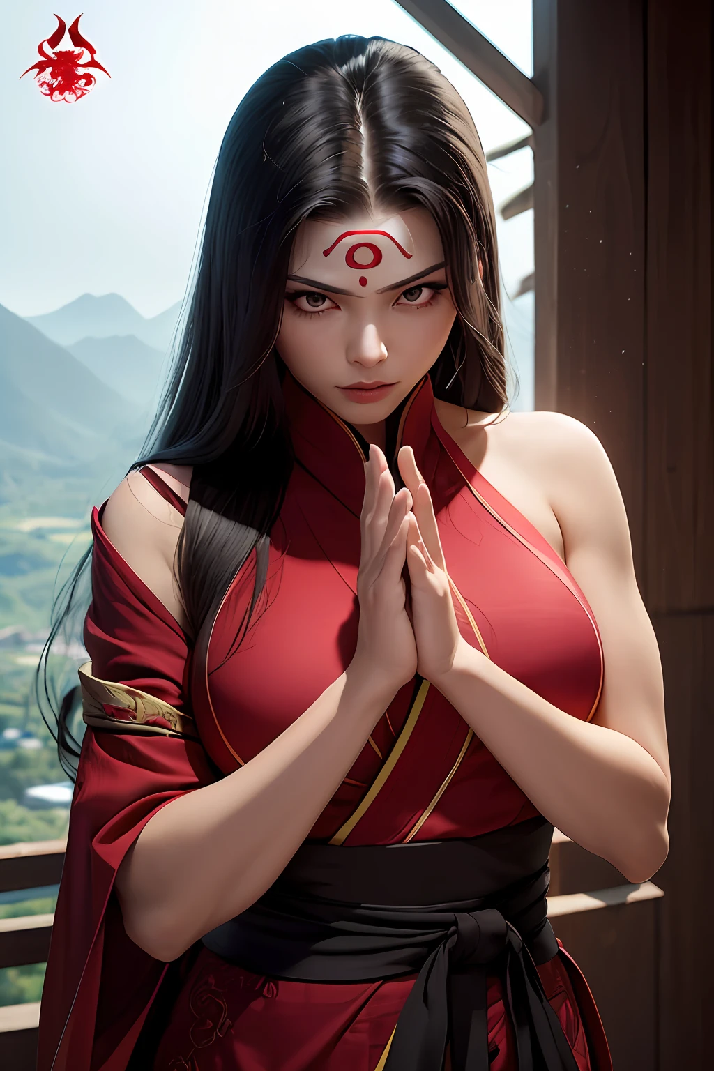 high quality fingers, normal hands, detailed fingers, masterpiece, (realistic, photo-realistic: 1.37), realistic, 1girl, long hair:1.5, black hair:1.2, red eyes:1.5, bright eyes, mortal kombat, ninja, blood, scar, weapons, kimono, dress, mortal kombat suit, large breasts, fighting pose, serene look, temple, meditation, injuries, ninja mask, cover half face, eyes to the sky