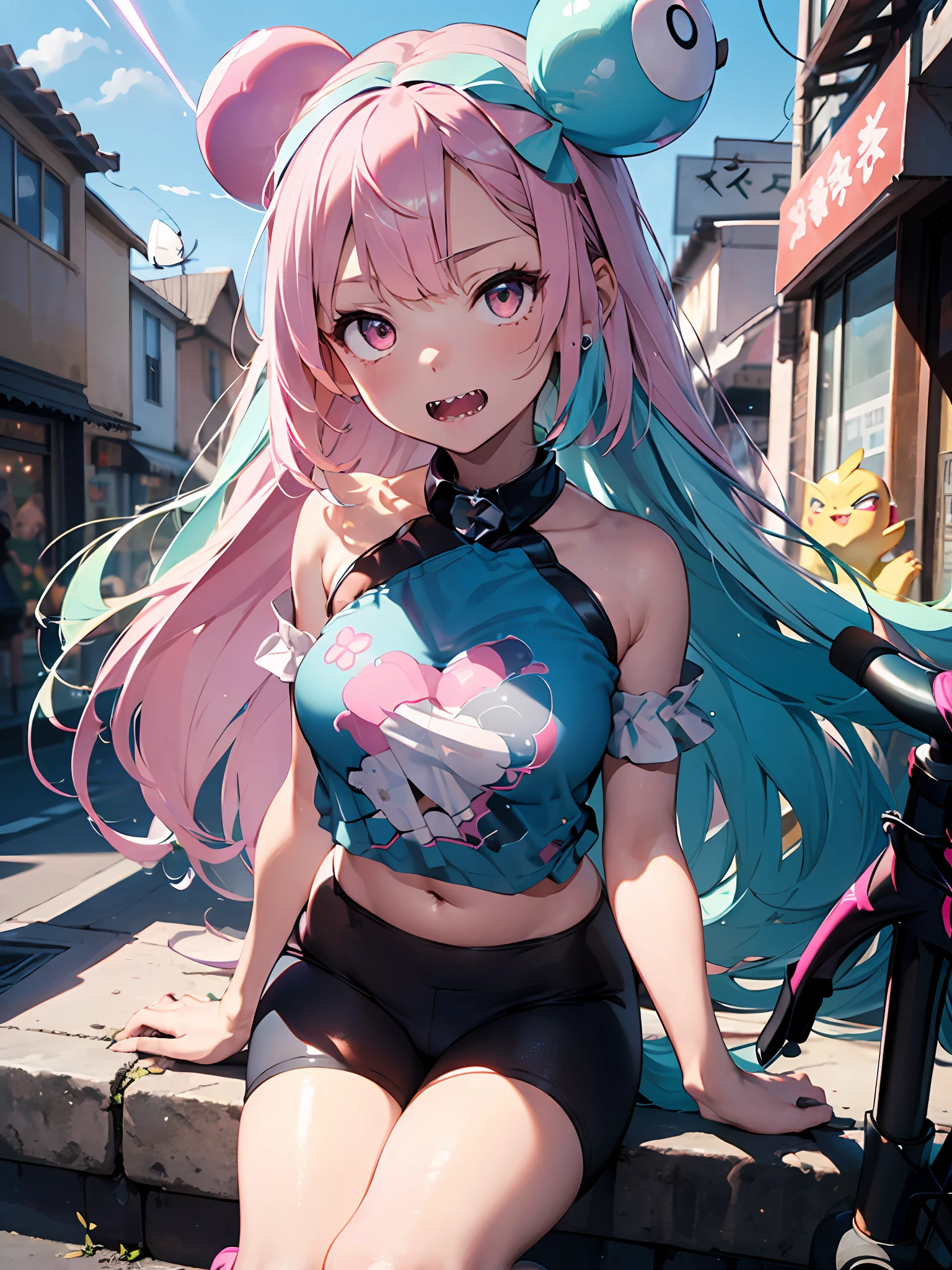 ultra detailed, illustration, masterpiece, (hyper super ultra detailed perfect beautiful piece), (pink hair, bow-shaped hair, aqua hair, multicolored hair, low-tied long hair, long hair, very long hair, two-tone hair, twintails, bun hair), pink eyes,grey footwear, character hair ornament, hexagon print,shirt, teeth, sharp teeth, super detailed skin,((detailed lightning city background)), (best quality), ((Solo)), beautiful atelier, (perfect anatomy), small chest, looking at viewer, Iono (Pokemon),((black fit bike shorts)),ahg, rolling eyes,ahg, rolling eyes,ahg, rolling eyes,