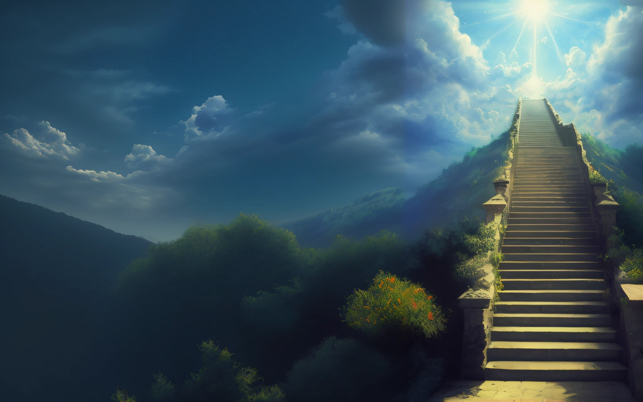 arafed stairway leading up to a bright sky with a bright light, stairway to heaven, stairs from hell to heaven, leading to the sky, leading to a beautiful, stairway, steps, mystical setting, stairs, heaven in the top, impossible stairs, amazing depth, an ancient path, steps leading down, by Alexander Kucharsky, upwards perspective, ascending