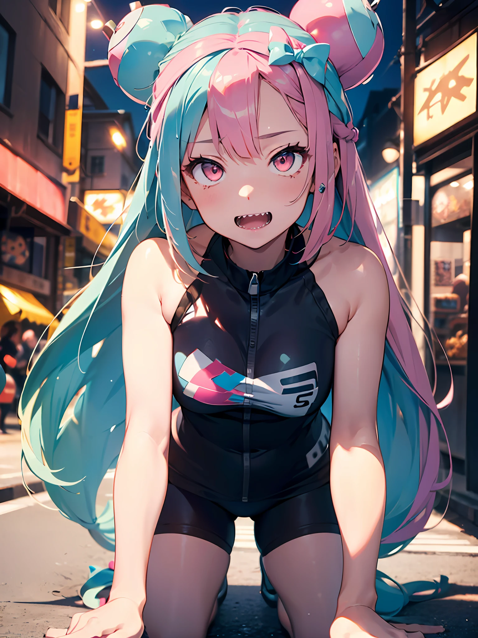 ultra detailed, illustration, masterpiece, (hyper super ultra detailed perfect beautiful piece), (pink hair, bow-shaped hair, aqua hair, multicolored hair, low-tied long hair, long hair, very long hair, two-tone hair, twintails, bun hair), pink eyes,grey footwear, character hair ornament, hexagon print,shirt, teeth, sharp teeth, super detailed skin,((detailed lightning city background)), (best quality), ((Solo)), beautiful atelier, (perfect anatomy), small chest, looking at viewer, Iono (Pokemon),((black fit bike shorts)),ahg, rolling eyes,ahg, rolling eyes,ahg, rolling eyes,