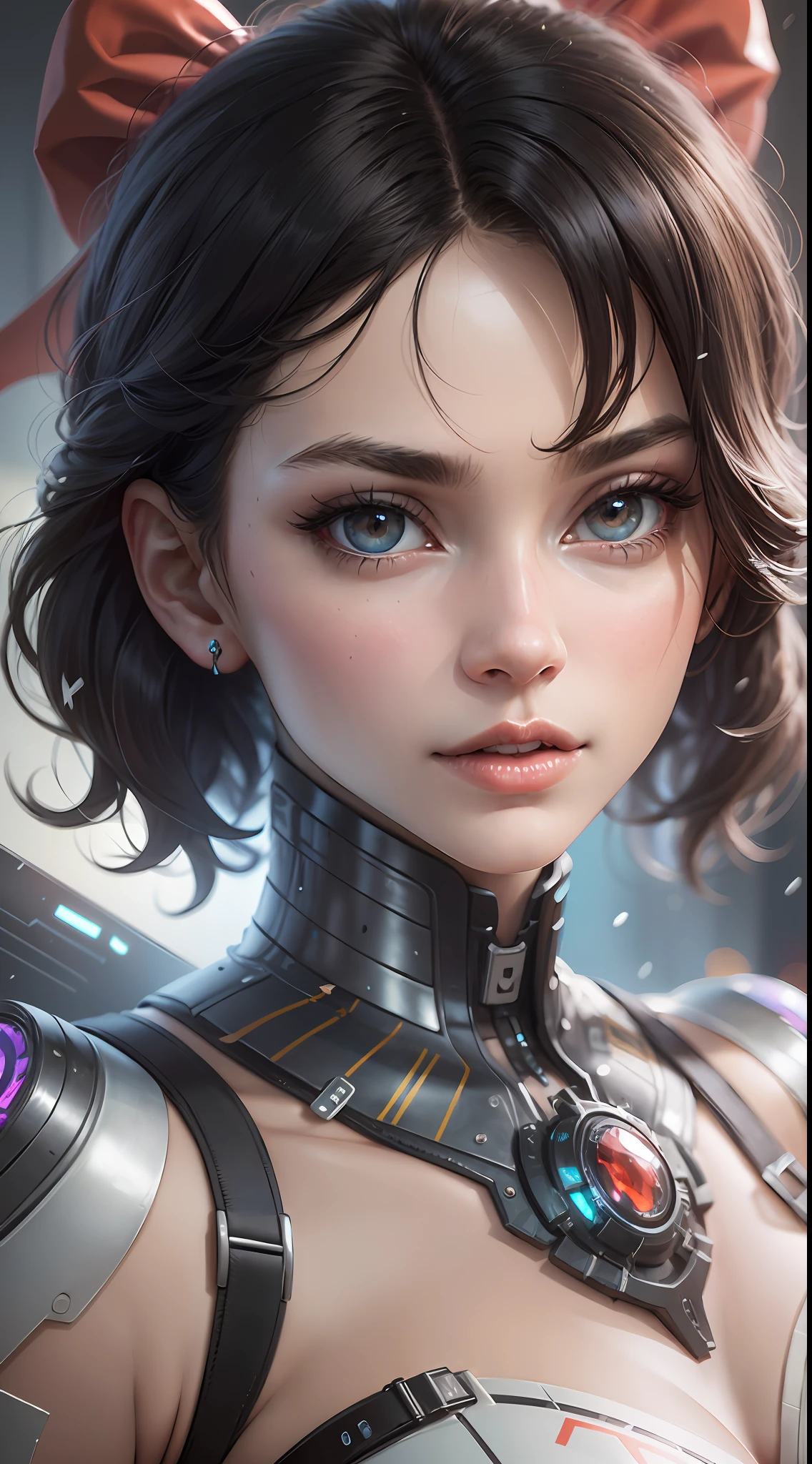 ((best quality)), ((masterpiece)), (detailed), realistic, futuristic, close up face, intricate, impressive, cyberpunk elements, red bow,apple tattoo, Snow White as a futuristic princess with black hair, short straight hair, red bow in hair, white behaved royal dress with red details, white and red dress, behaved figure, incorporating holographic and technological elements, detailed face,  (futuristic), 8k , HD, Digital art, detailed eyes, magical aura, colorful, cybernetic parts