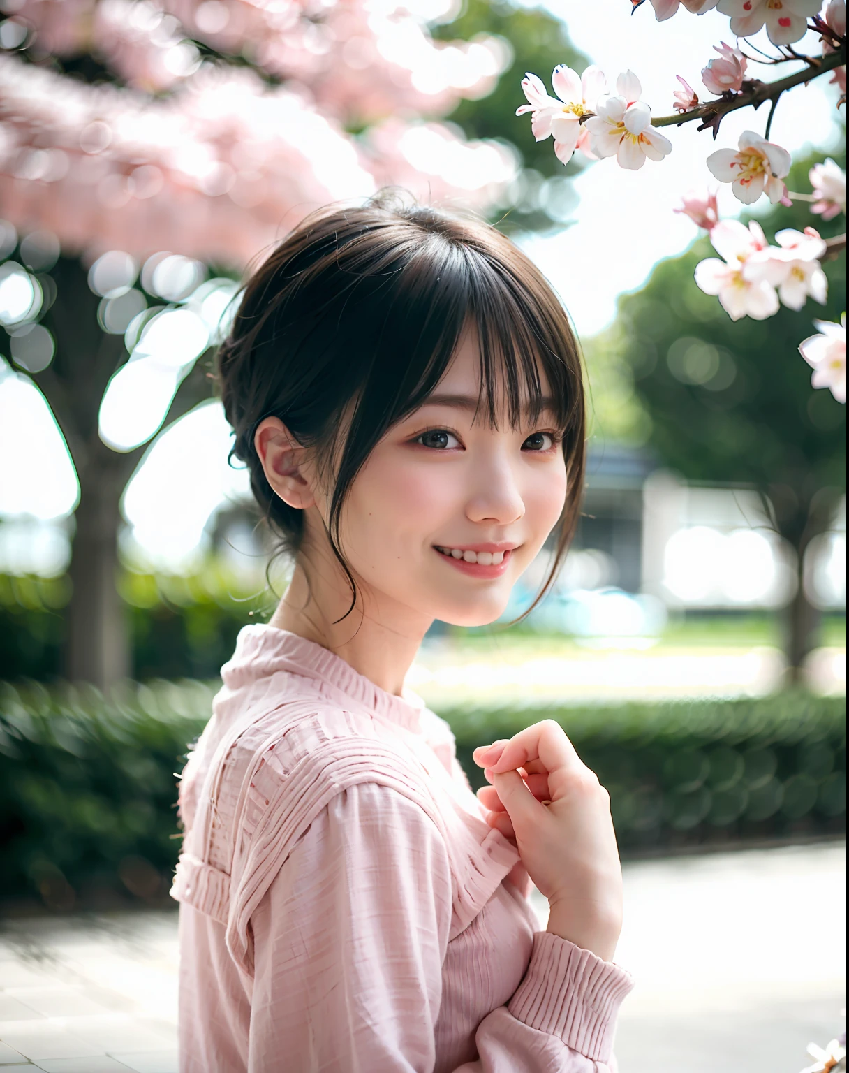 woman posing on cherry background, best quality, girl 1 asian, cute, cute face, textured skin, beautiful smile, bright, blurred background, dating, bokeh, outdoors, (street: 0.8), (people, crowd: 1), short hair 1.2, beautiful sky in detail, (dynamic pose: 1.2), (upper body: 0.8), soft lighting, wind, glossy skin, smile, cherry blossom, Beautiful fine eyes, (sweater: 1.1), (short hair: 1.2), floating hair Nova Frog style,