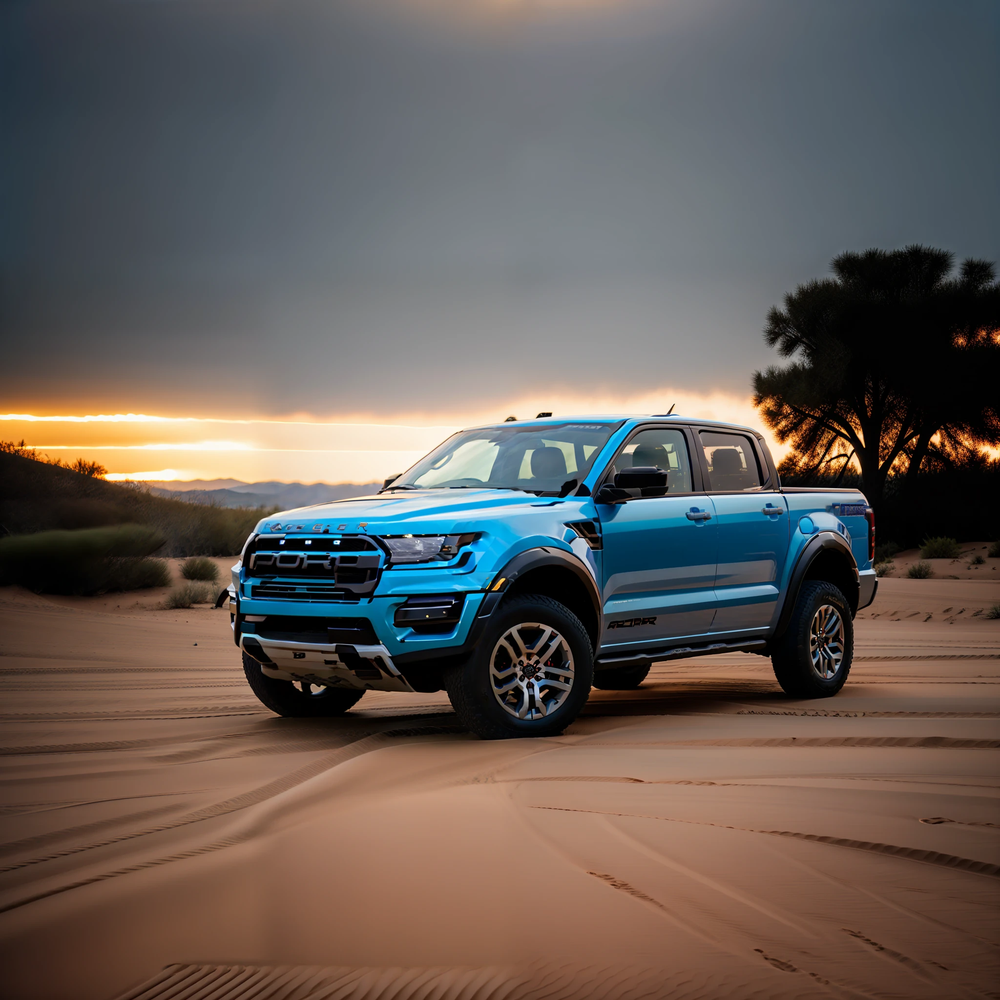 centered 2024 Ford Ranger Raptor Wide Film Photo, Elegant, Atmospheric Lighting, Film Composition, Product Photo Art by Daniela Uhlig and Brad Rigney and Adam Hughe