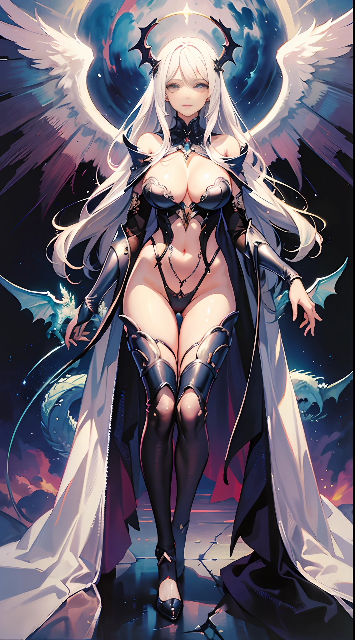 (masterpiece, top quality), 1lady, (watercolor), (illustration), (angelic body), angel wings, pastel colors, delicate details, very beautiful face, sexy goddess, (white hair, platinum eyes) ,) High leg bikini armor, middle bust, knee armor, forearm armor, full body shot, platinum embroidery on the edge, faint smile, (Dragon, Hermann Nitsch, Zdzislav Beksinski, Dariusz Sawatski, art: Giger), Celestial light, world of gods,