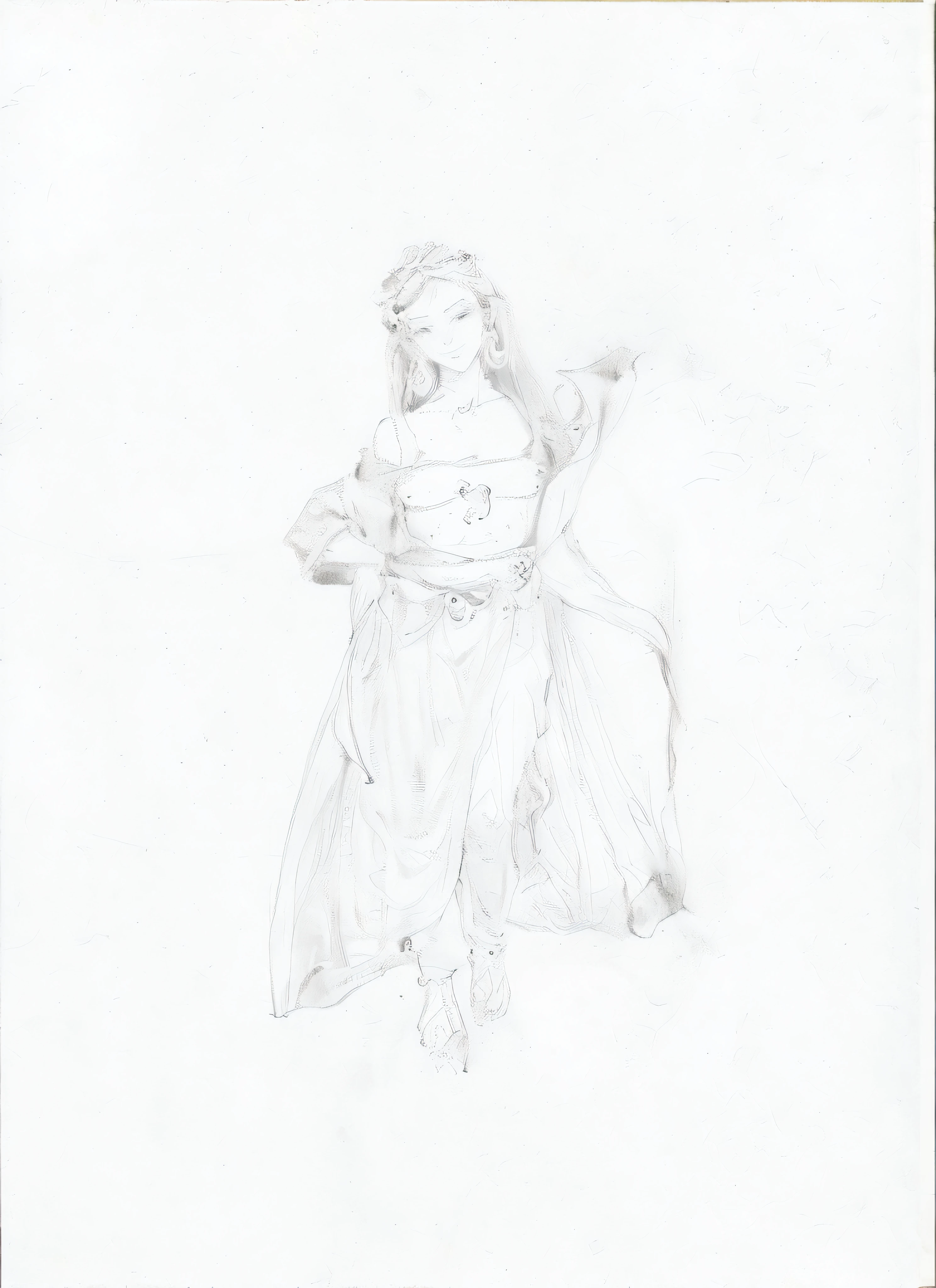 Drawing of a gypsy woman in a red dress. with a white band on the head, gold bracelets on the arms old sketch, anthropomorphic female, loose pencil sketch, faded drawing, inspired by Rodolphe Töpffer, new costume concept design, rough sketch, complex fantasy character, inspired by Edwin Austin Abbey, pencil on paper, fantasy character concept, full body concept, fantasy drawing, Character concept