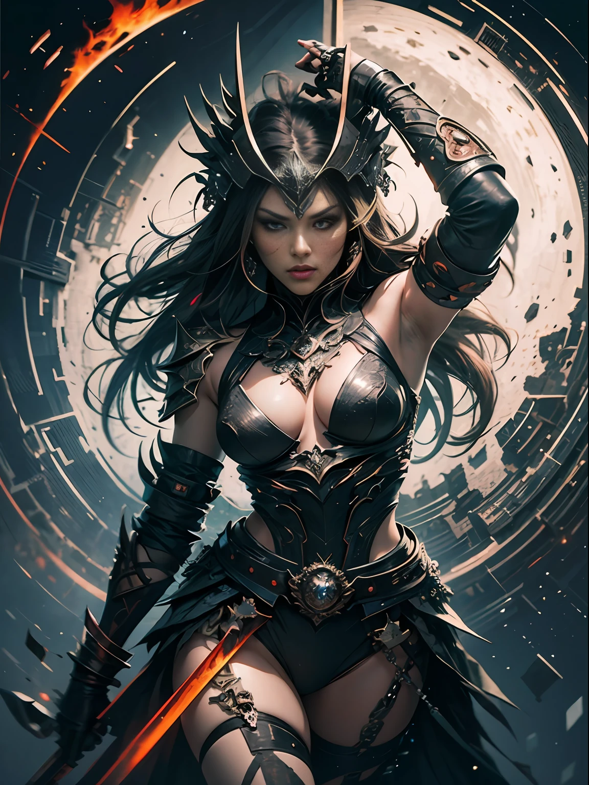masterpiece, best quality, masterpiece, best quality, create a striking piece of art featuring an avant-garde furious warrior, decked out in a dark and elegant ensemble, with sharp features, intense eyes and a commanding posture, exuding an aura of malevolence and mystery that captivates and intimidates viewers, phenomenal aesthetics, sumptuous artwork,