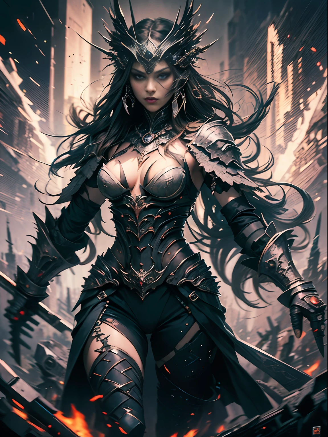 masterpiece, best quality, masterpiece, best quality, create a striking piece of art featuring an avant-garde furious warrior, decked out in a dark and elegant ensemble, with sharp features, intense eyes and a commanding posture, exuding an aura of malevolence and mystery that captivates and intimidates viewers, phenomenal aesthetics, sumptuous artwork,