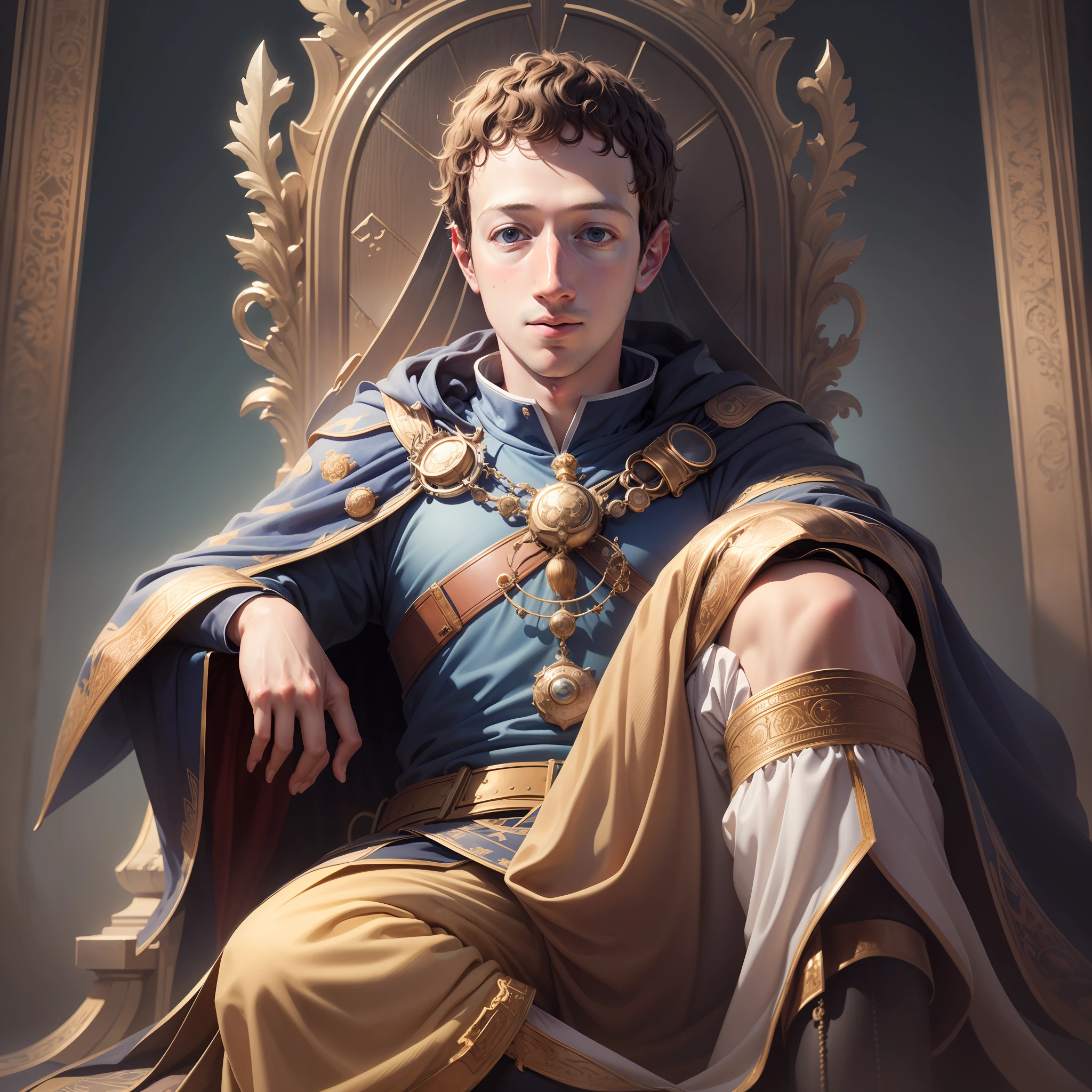 "An ultra-detailed and beautiful illustration of Mark Zuckerberg as a majestic king, sitting on his throne with impeccable gradation of colors."