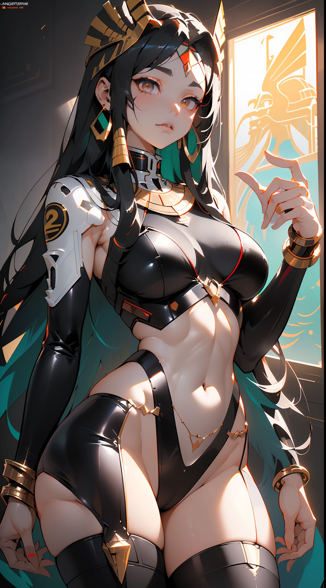 ((Best quality)), ((masterpiece)), (detailed: 1.4), crysis nanosuit, square chin, Guweiz-style art, Guweiz, beautiful character painting, Guweiz in Artstation Pixiv, Guweiz in Pixiv ArtStation, beautiful digital art, Wlop Rossdraws, Guweiz masterpiece, (Absurd), Thin woman airplane pilot, Egyptian ready for war, perfect body, dark skin, Tutankhamun mask, (((Hemhem crown on head, Style of a triple Atef))), (((Khat))), (((defined muscles, half-thick bare thighs, mouth closed, only in panties, muscular body covered in technological clothing, Neon Genesis Evangelion style, cyberpunk, ((Sphinx)), (Cleopatra), head covered by an Egyptian ornament in the shape of a golden eagle wing, ((perfect medium breasts)), (white eyes without pupils), (((black, silver and red clothing)), (((long black straight hair with heavy bangs on the forehead))), (Egyptian ornaments), ((hieroglyphics on the arms)), short underwear, garter belt, by mucha, niji --V5, close to real, psychopathic, crazy face, sexy pose, background with a sphinx, 2 piece clothing, pastel, centered, scale to fit dimensions, HDR (High Dynamic Range),Ray Tracing,NVIDIA RTX,Super-Resolution,Unreal 5,Subsurface dispersion, PBR texture, Post-processing, Anisotropic filtering, Depth of field, Maximum clarity and sharpness, Multilayer textures, Albedo and specular maps, Surface shading, Accurate simulation of light-material interaction, Perfect proportions, Octane Render, Two-tone lighting, Wide aperture, Low ISO, White balance, Rule of thirds, 8K RAW