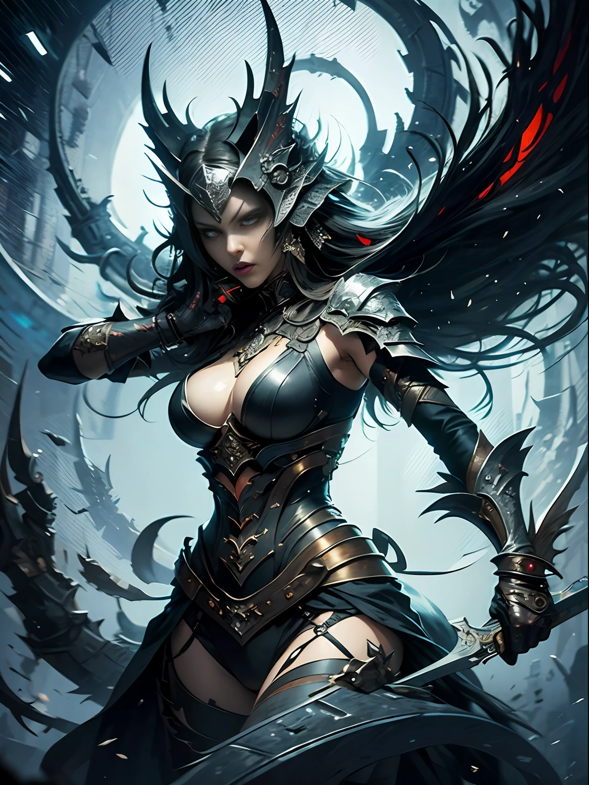 masterpiece, best quality, masterpiece, best quality, create a striking piece of art featuring an avant-garde furious warrior, decked out in a dark and elegant ensemble, with sharp features, intense eyes and a commanding posture, exuding an aura of malevolence and mystery that captivates and intimidates viewers, phenomenal aesthetics, sumptuous artwork,