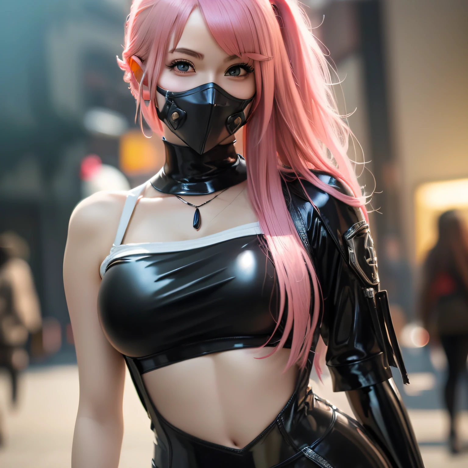 There is a woman in a black latex outfit, mask, just a woman, yellow eyes, very sexy outfit, smiling, photorealistic anime girl render, 2b, Tifa Lockhart with pink hair, sexy outfit, thick and smooth warframe thighs, hyperrealistic student, bright white skin, realistic shaded perfect body, inspired nier, thicc, sexy dominant pose, photorealistic perfect body --auto