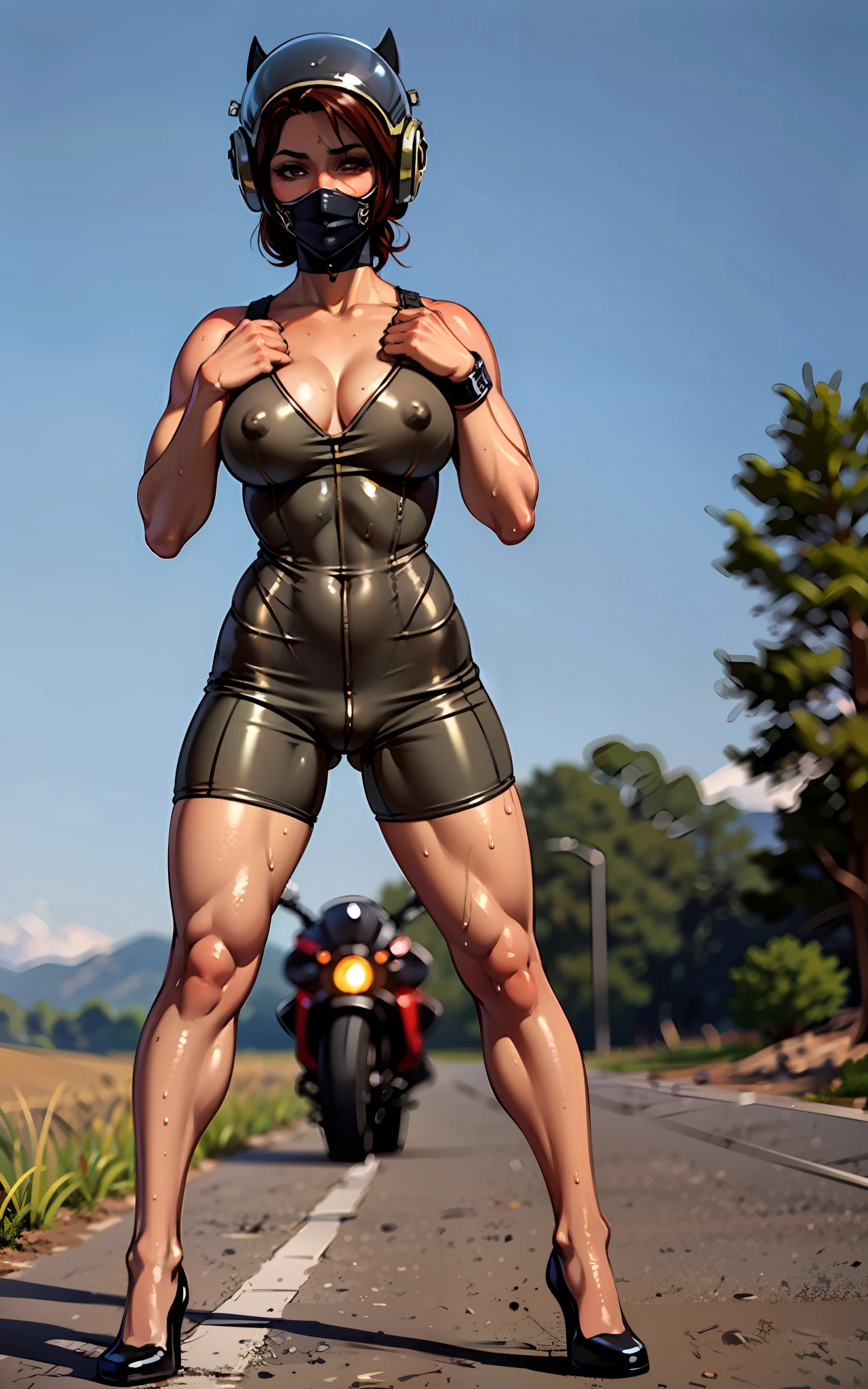 Arafed woman wearing a bright latex short dress and helmet on a motorcycle, cute girl with sleeveless shiny latex suit, tight attire, wet outfit, very bright kaki body suit, marked, full body woman, sporty physique, big tits, incredibly strong and tall, fit girl, profile picture, bodysuit, fit pic,  fit curvy physique, wearing atompunk jumpsuit, muscular sweat lara croft shinny