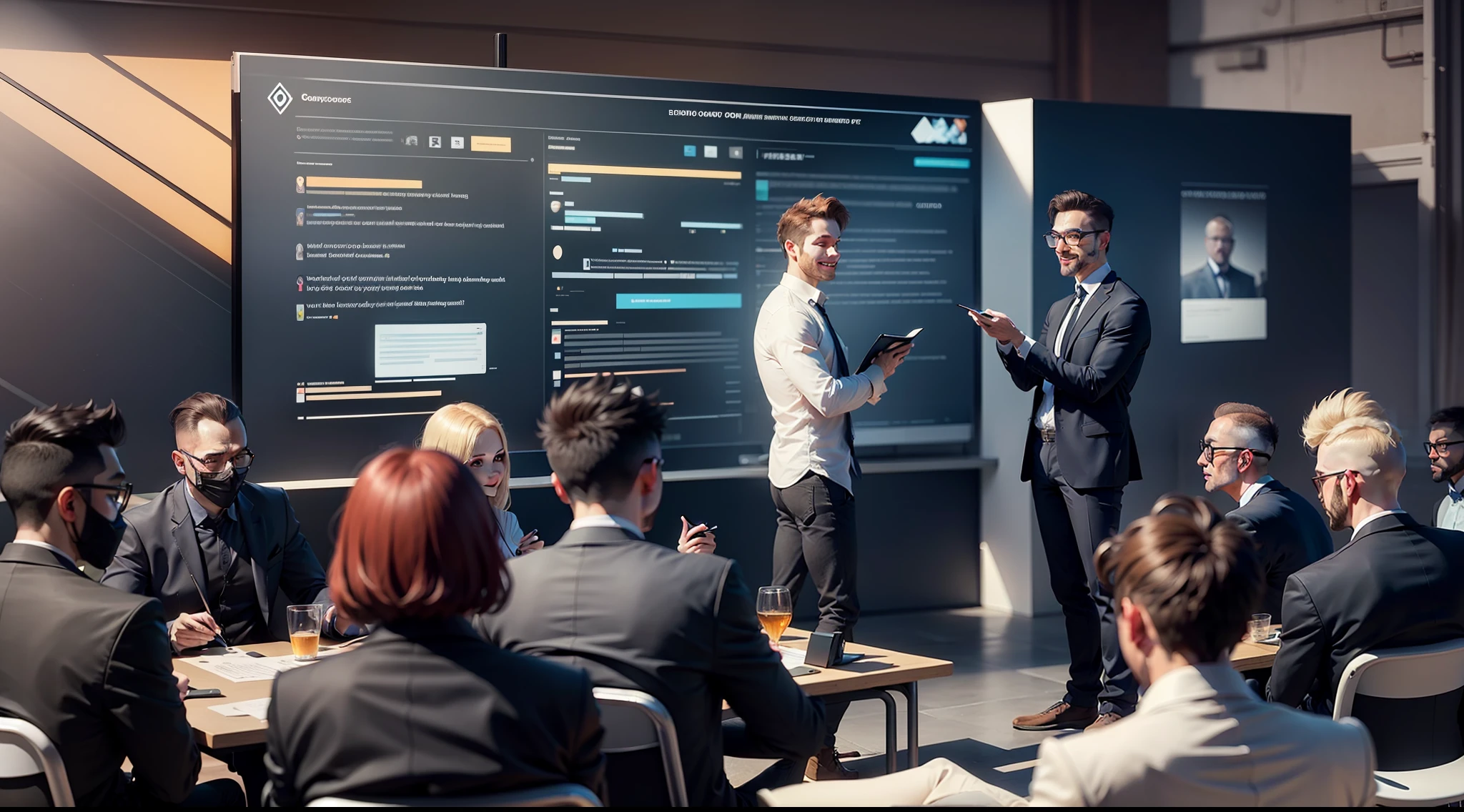 Deep collaboration between entrepreneurs, background is business cooperation conference, exhibition details, global illumination, shadows, octane rendering, 8k, warm colors, highly complex details, realistic light, CGsociety trends, glowing eyes, facing the camera, smiling, standing --auto --s2