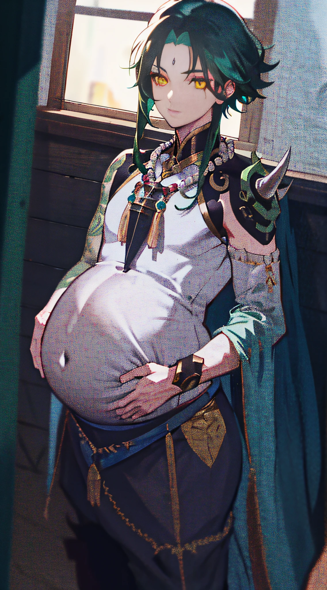 1 boy, dark green hair, best quality, masterpiece, extreme, yellow eyes, male focus, beautiful eyes, pregnant belly button, pregnancy, natural skin texture, 4k texture, HDR, intricate, very detailed, sharp focus, cinematic look, super detailed