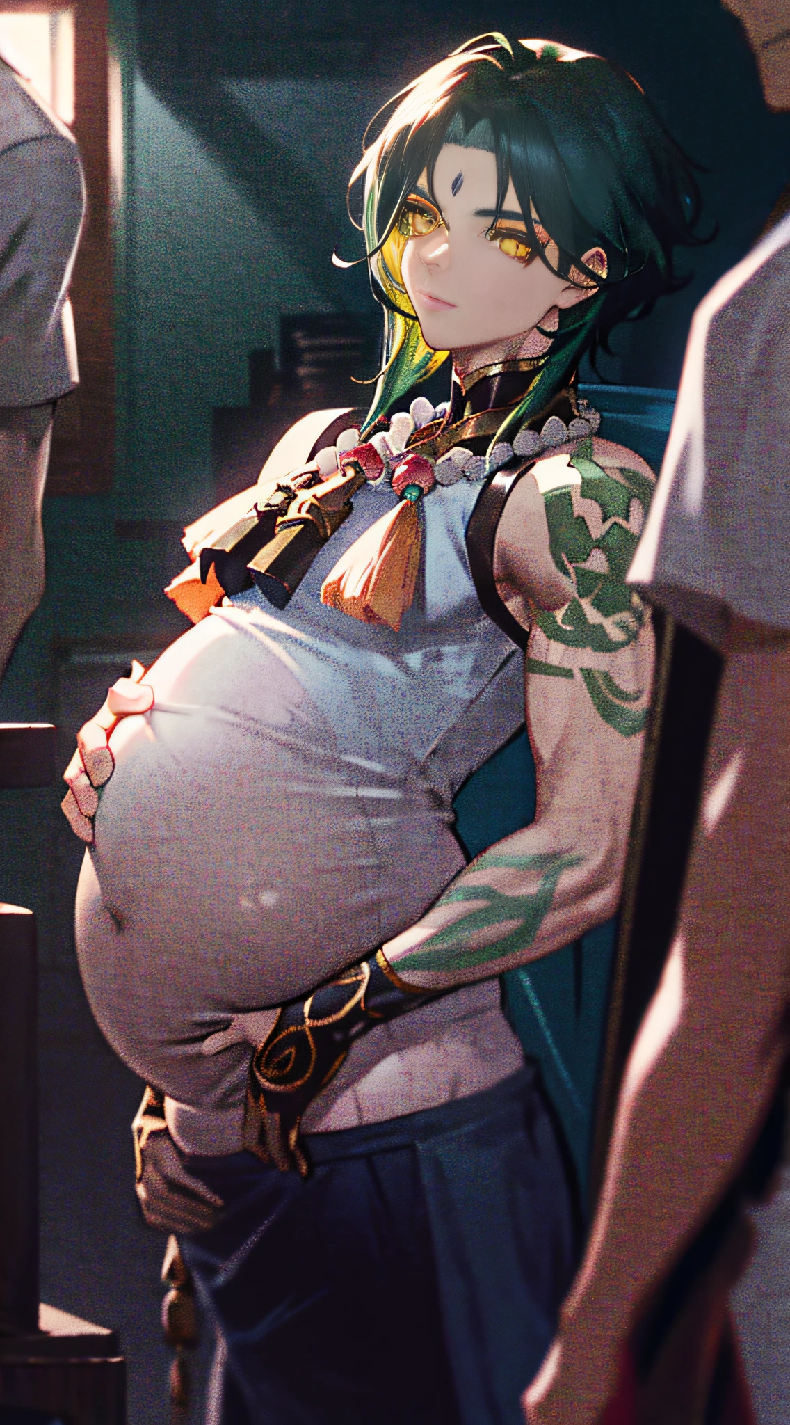 1 boy, dark green hair, best quality, masterpiece, extreme, yellow eyes, male focus, beautiful eyes, pregnant belly button, pregnancy, natural skin texture, 4k texture, HDR, intricate, very detailed, sharp focus, cinematic look, super detailed