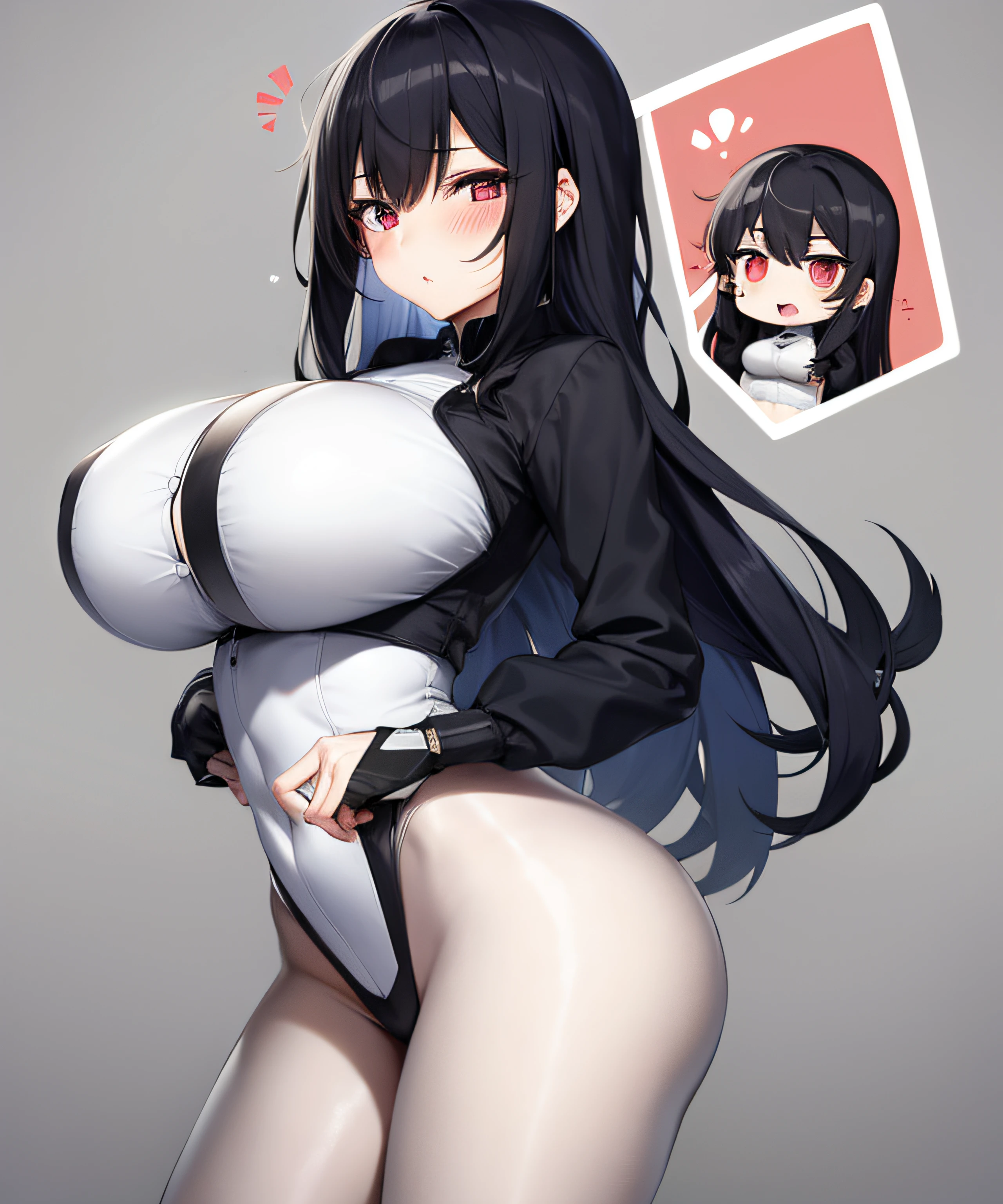 (1girl, solo:1), barbararnd, (huge breasts), (petite, chibi), narrow waist, looking at the viewer, cowboy shot, eyeliner, eyelashes, (pale skin: 0.79), (body blush: 1.00), ,(A9A9A9:0.23),(2F4F4E:0.30),(006600:0.65) , ,