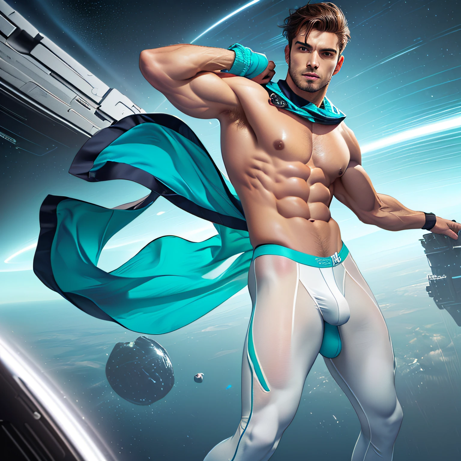 a photorealistic image of a muscular handsome man from the future wearing transparent skintight turquoise and white space uniform including a decorative jockstrap, dynamic pose