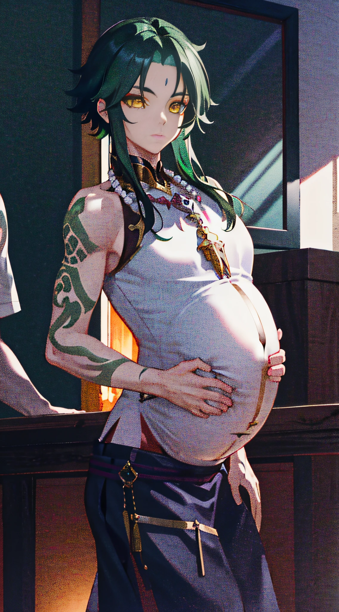 1 boy, dark green hair, best quality, masterpiece, extreme, yellow eyes, male focus, beautiful eyes, pregnant belly button, pregnancy, natural skin texture, 4k texture, HDR, intricate, very detailed, sharp focus, cinematic look, super detailed