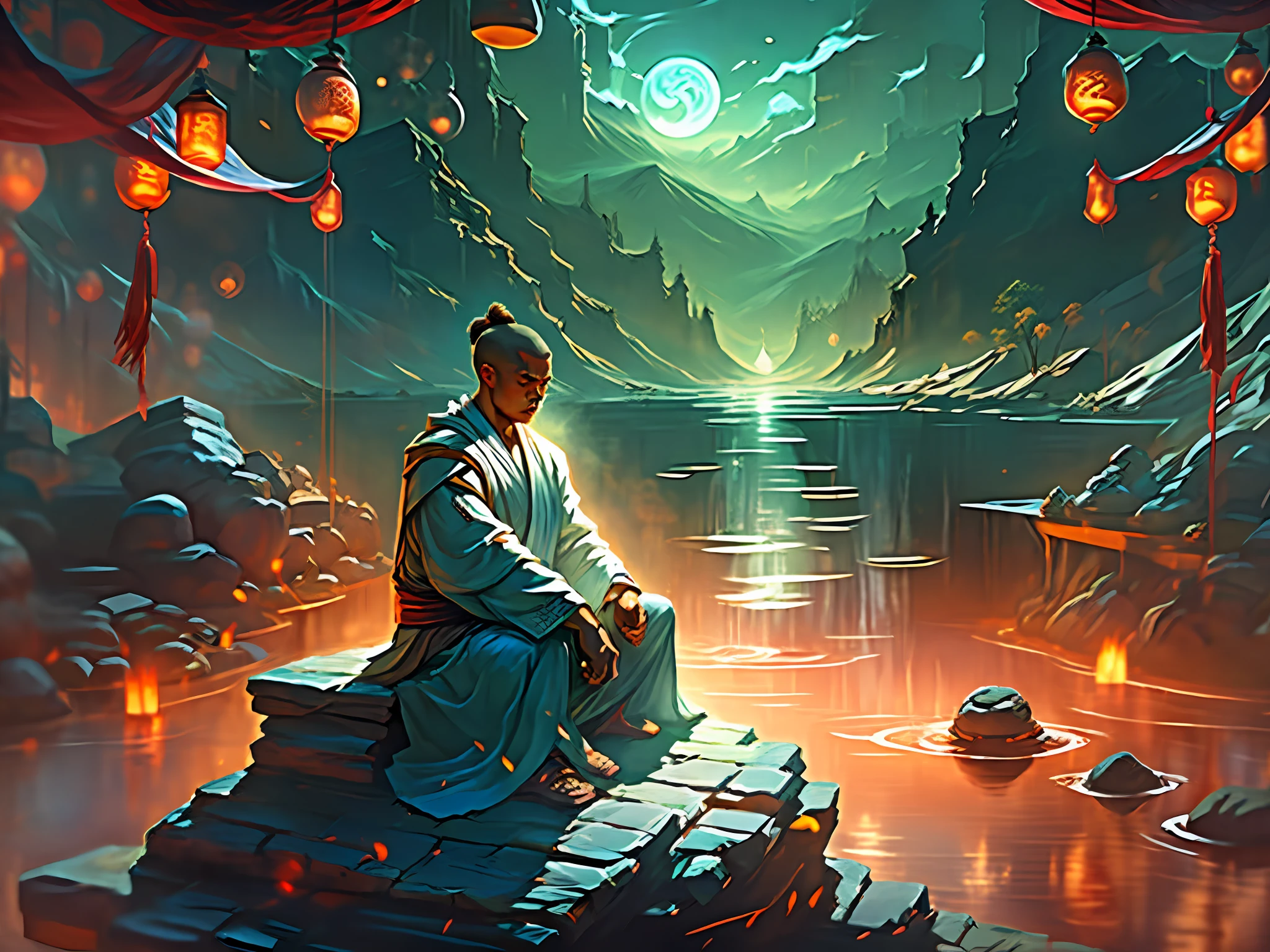 "A Shaolin monk meditates and converses with a young man. A quiet, spiritual and harmonious scene. Soft lighting, subtle shadows. The monk wearing a traditional robe, in a meditative posture. Serene background, with a landscape of mountains or an ancient temple. Atmosphere of peace and serenity."