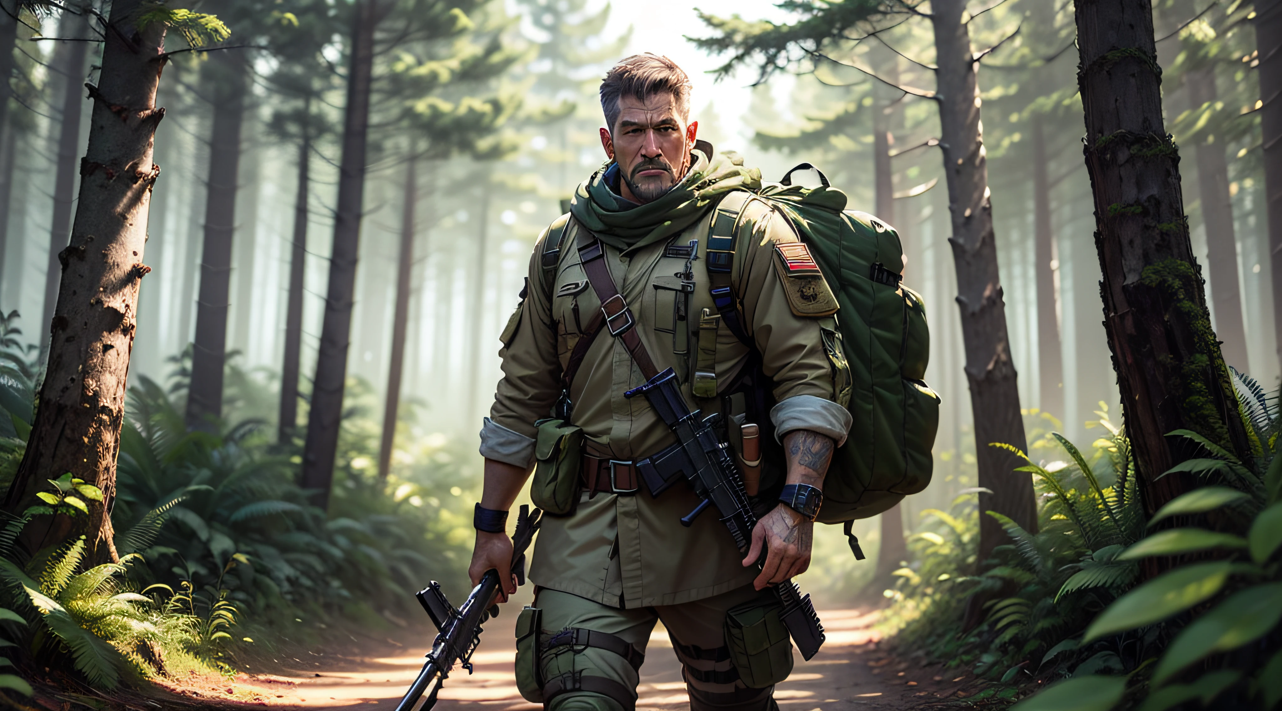 Survival aspect, a military character with a long-range weapon, where the setting is a large forest --auto